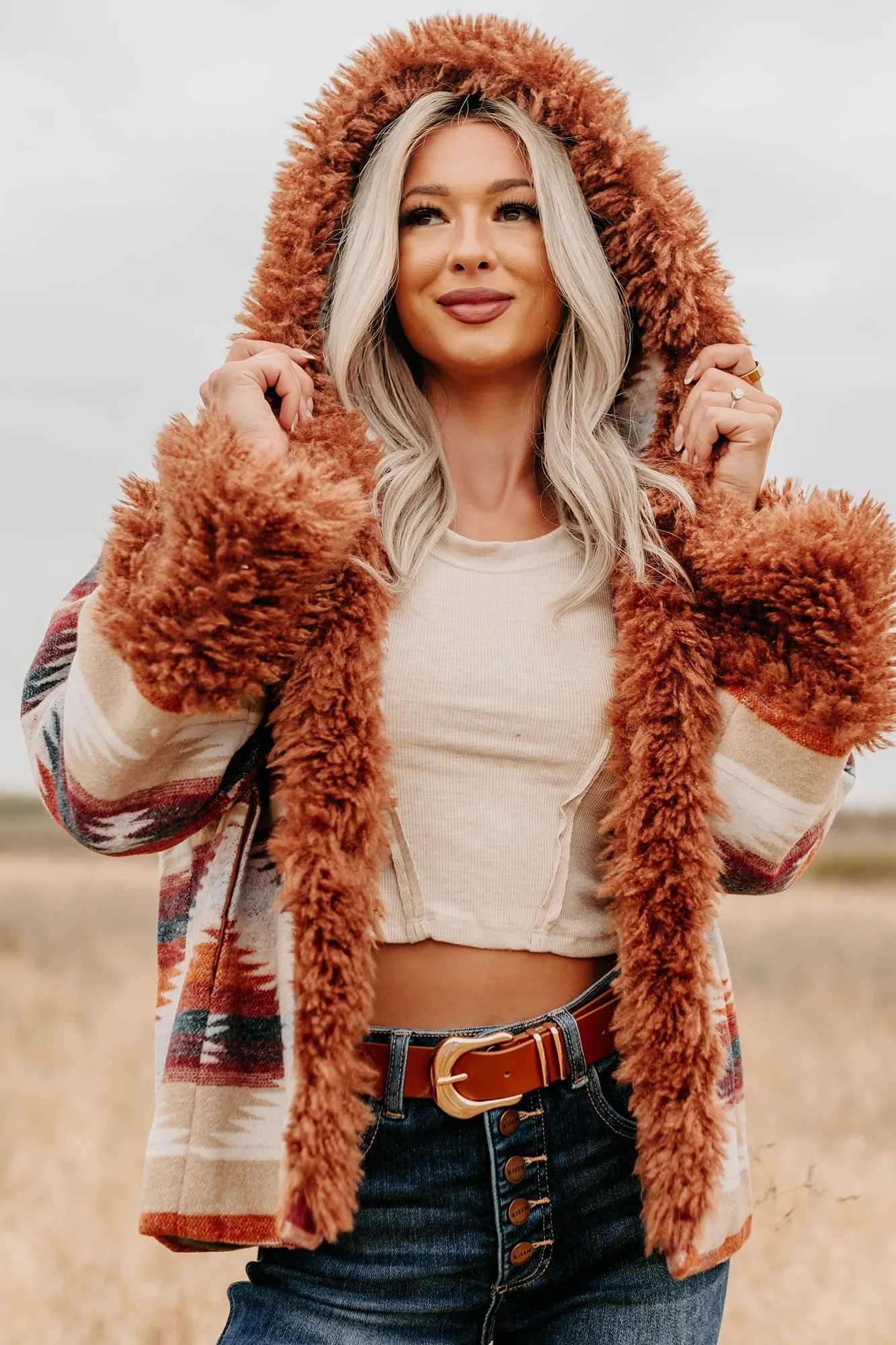 Defy Gone Exploring Fur Trim Aztec Jacket (Sienna)