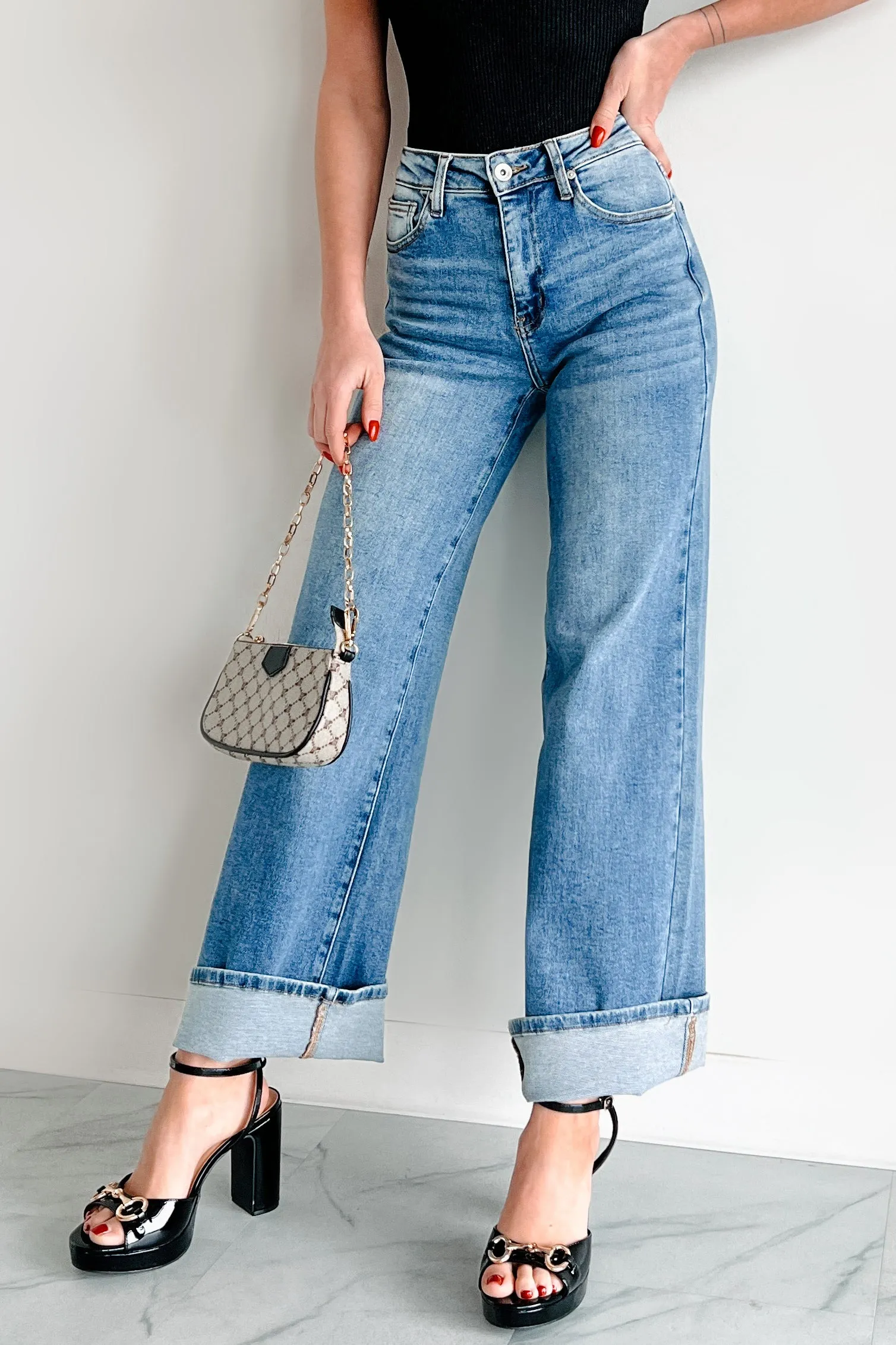 Gordie Mid Rise Special A Cuffed Wide Leg Jeans (Dark) Nature Lover Party Look Stylish Fit