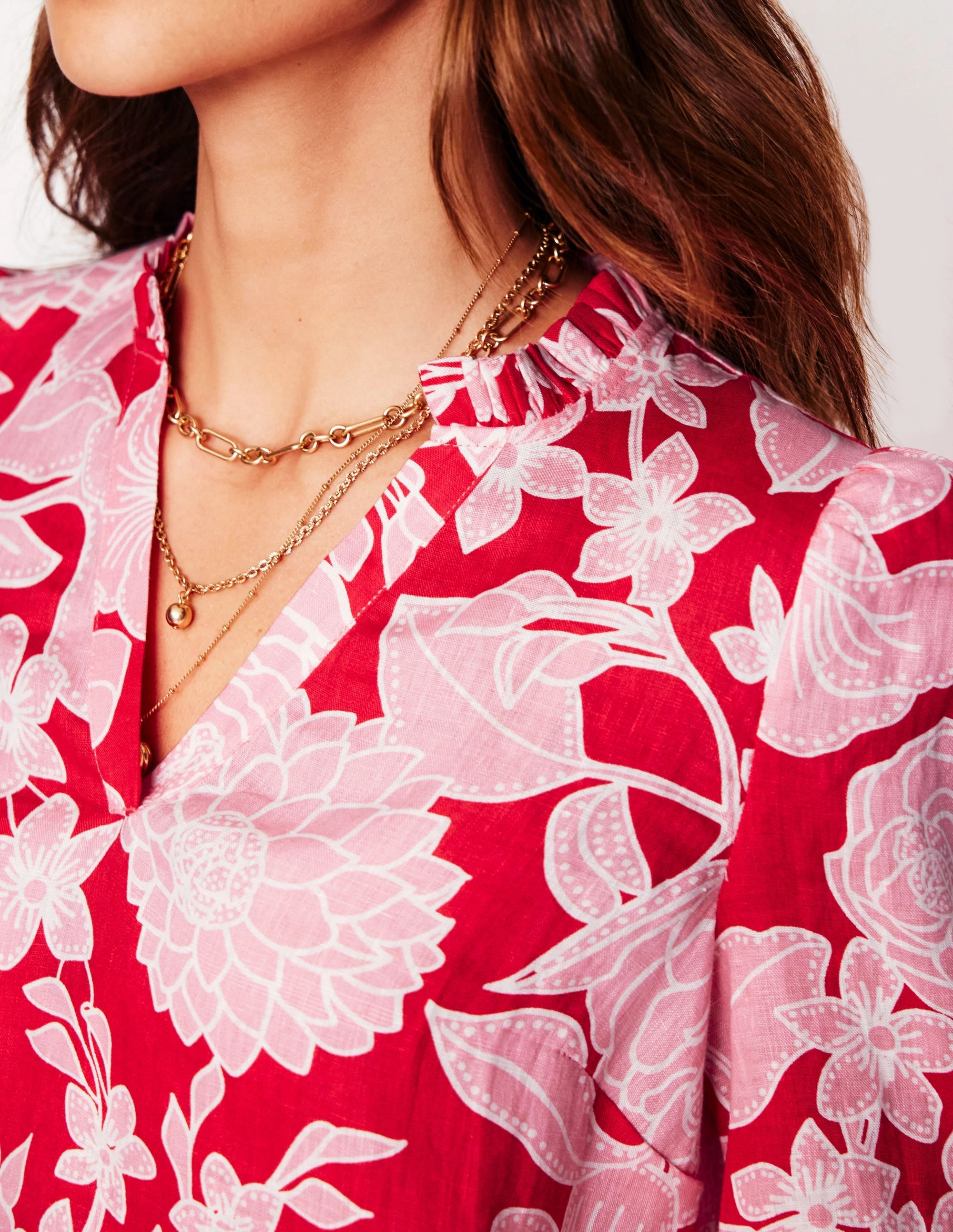 Grace Linen Top-Poppy Red, Blossom Cascade Minimalist Aesthetic Curved Hemline