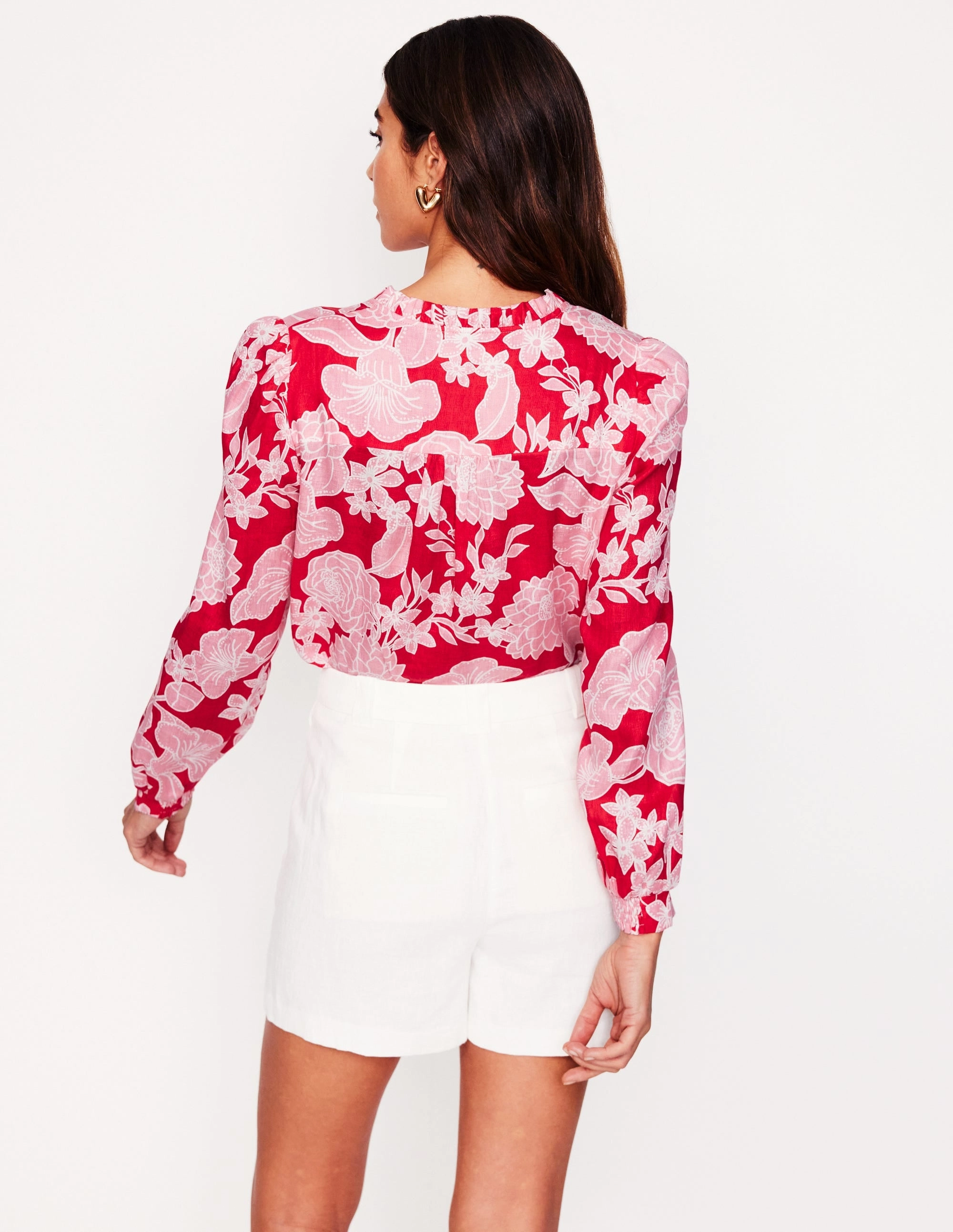 Grace Linen Top-Poppy Red, Blossom Cascade Tagless Labeling Flexible Waistband Adaptation