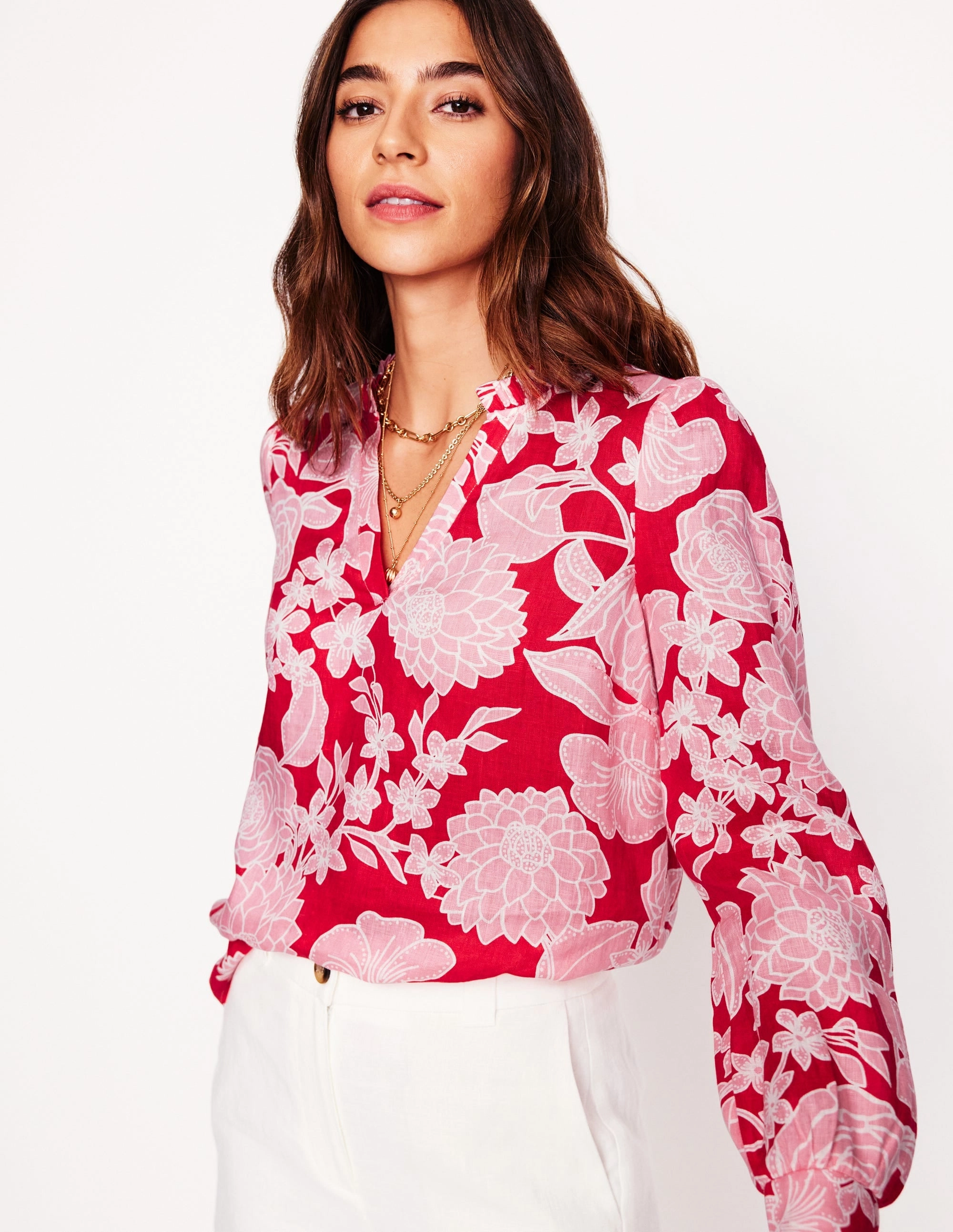WrinkleFree Structure Grace Linen Top-Poppy Red, Blossom Cascade
