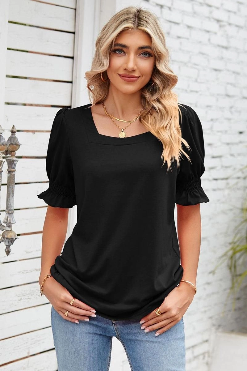 Easy Style SQUARE NECK RUFFLED SHORT SLEEVE WOMEN T SHIRTS