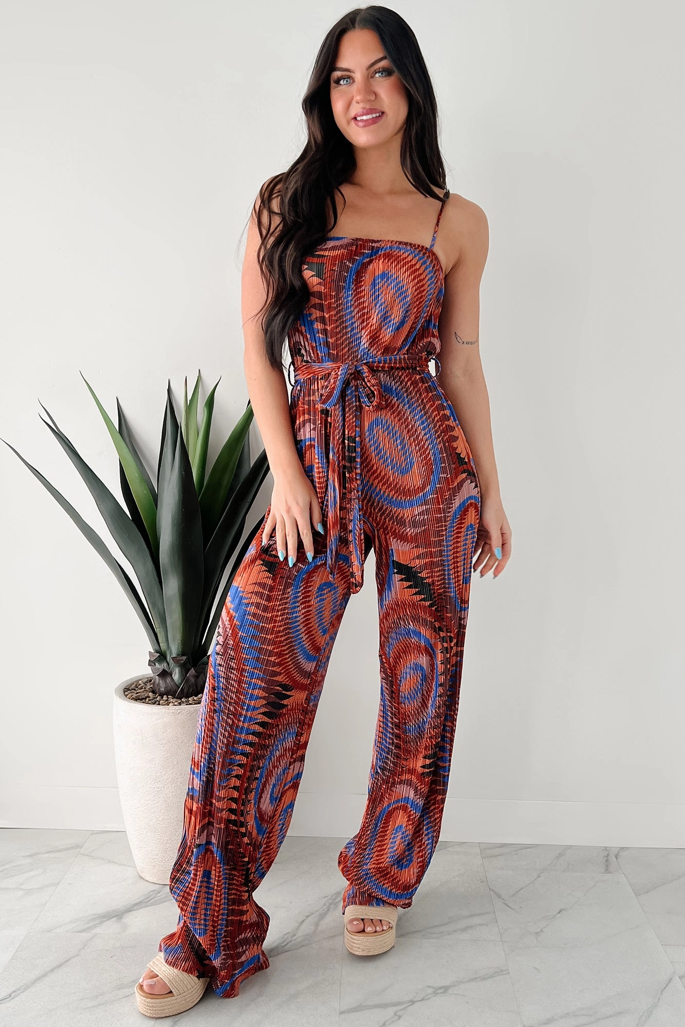 Classic Mood Chill Vibes Turn Up The Volume Pleated Wide Leg Jumpsuit (Brick/Royal Blue)