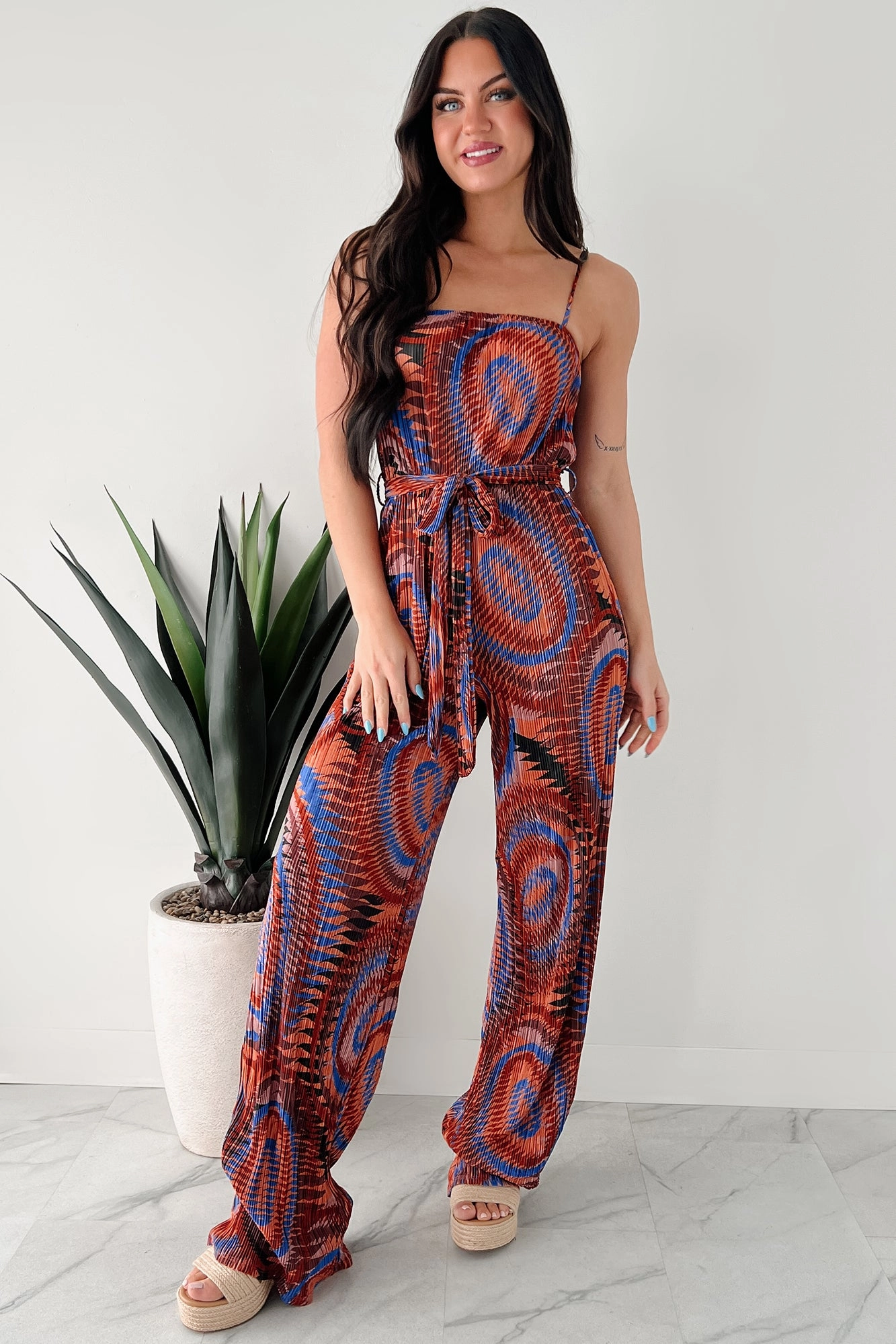 Turn Up The Volume Pleated Wide Leg Jumpsuit (Brick/Royal Blue) Work Flex