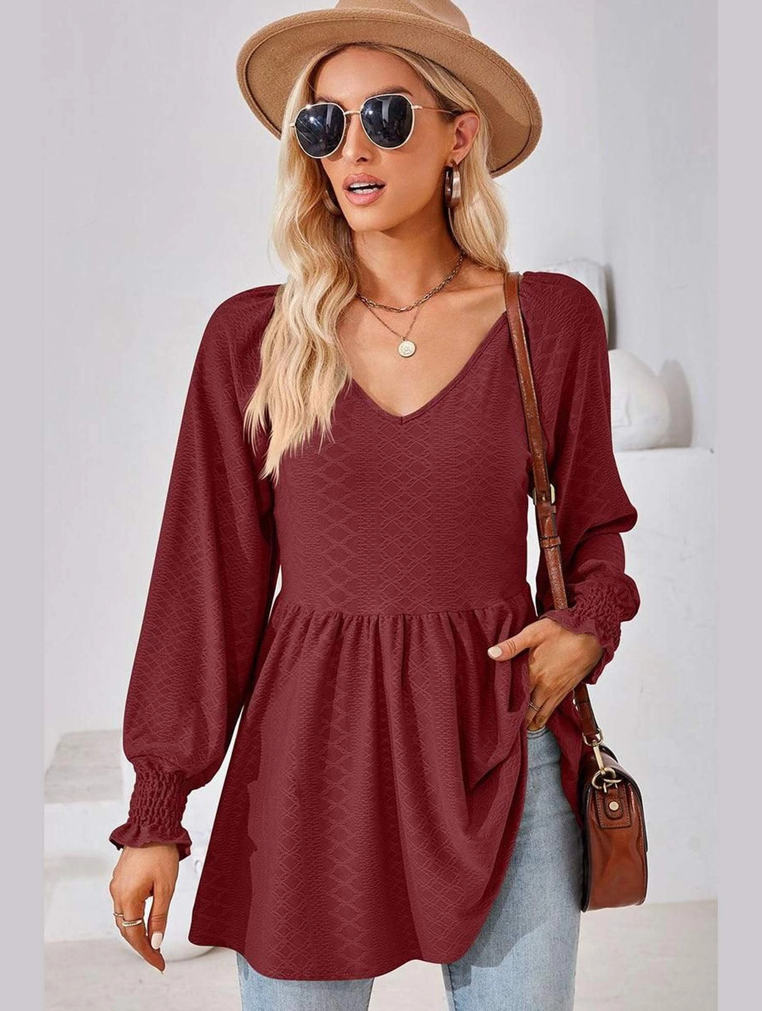 WOMEN V NECK PATTERNED RUFFLE SLEEVE TUNIC Reinforced Hemline EasyCareMaterial