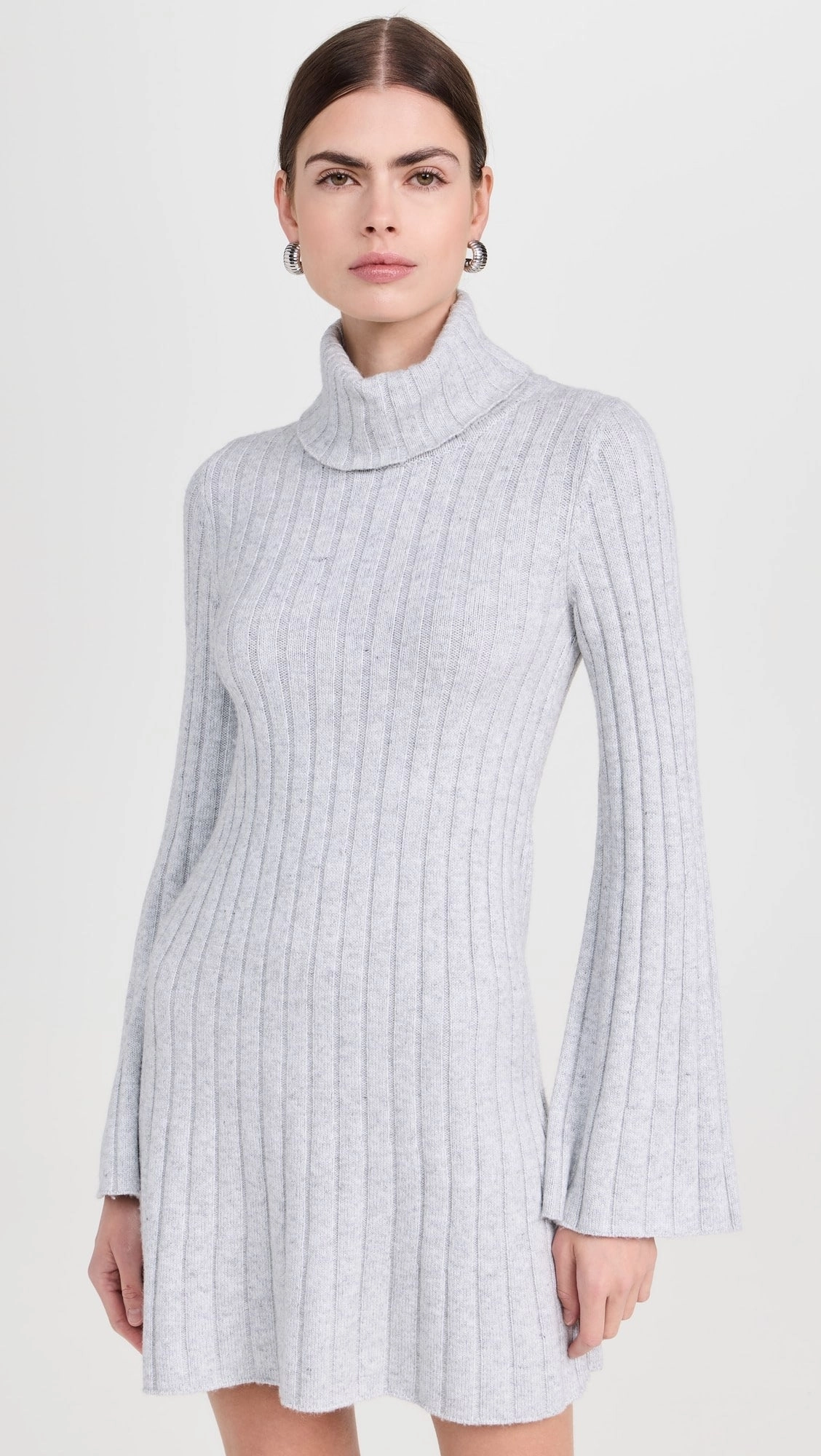 Meredith Turtleneck Sweater Dress in Ice Heather Bonded Hemline Breathable Ventilation