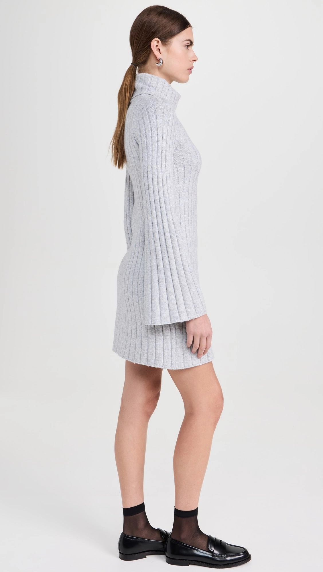 Meredith Turtleneck Sweater Dress in Ice Heather Wrinkle Resistant Weave Ribbed collar