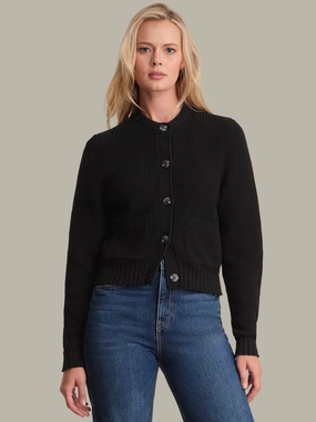 Garment Washed Softness StretchFabric Palmer Crewneck Cotton Cardigan in Black