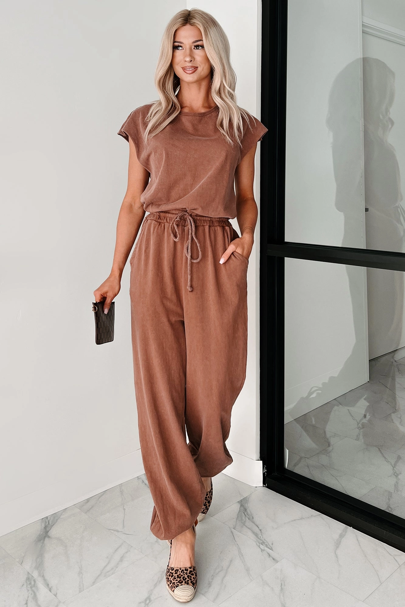 Sheer Element Cool Drape Just The Basics Short Sleeve Jumpsuit (Chestnut)