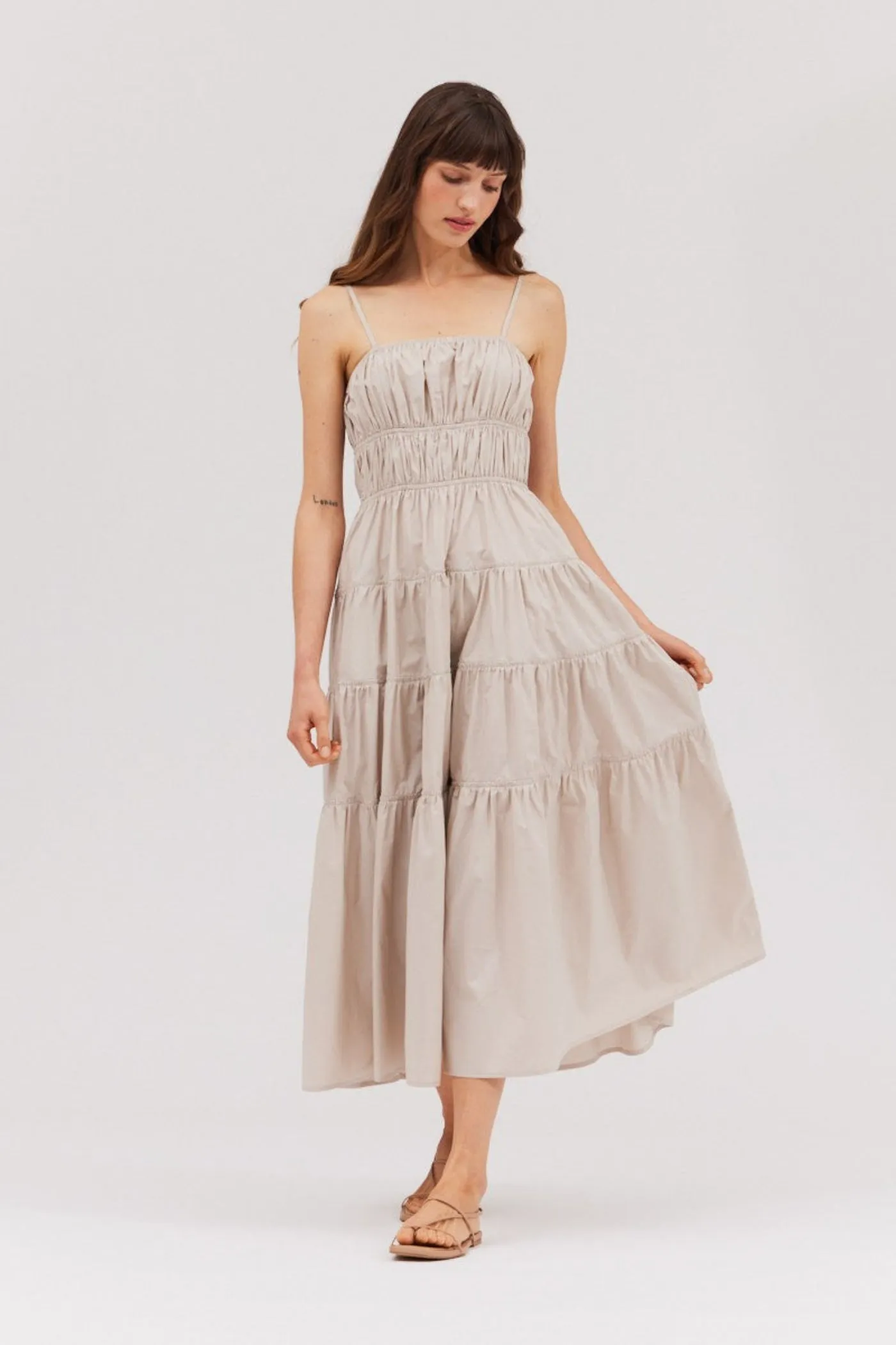 MORGAN TIERED MIDI DRESS Statement Neck Balanced Tones