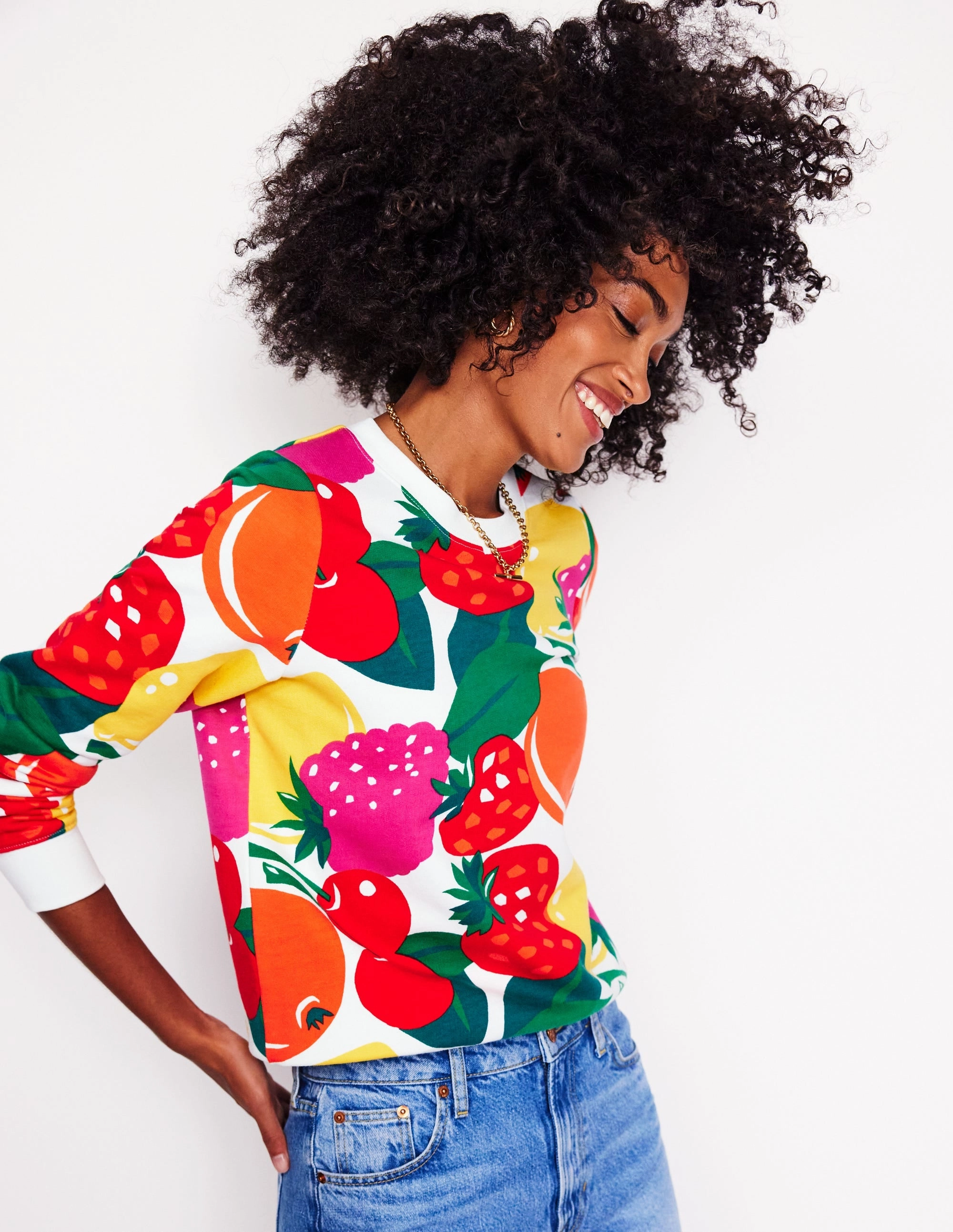 Brushed Interior Layered Neckline Details Hannah Printed Sweatshirt-Multi, Summer Fruits