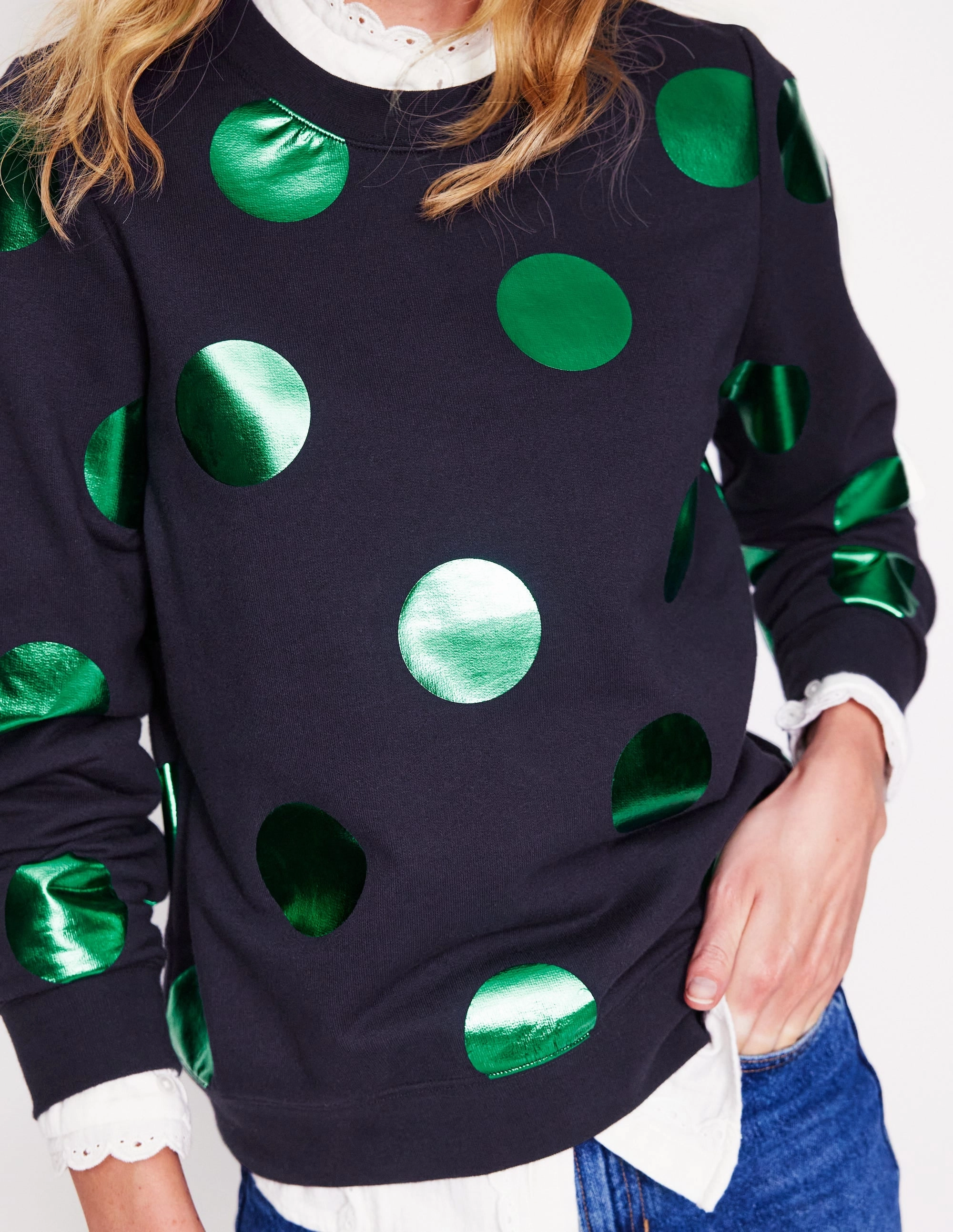 Hannah Printed Sweatshirt-Navy, Green Spot Snag Resistant Surface Contoured Armhole Design