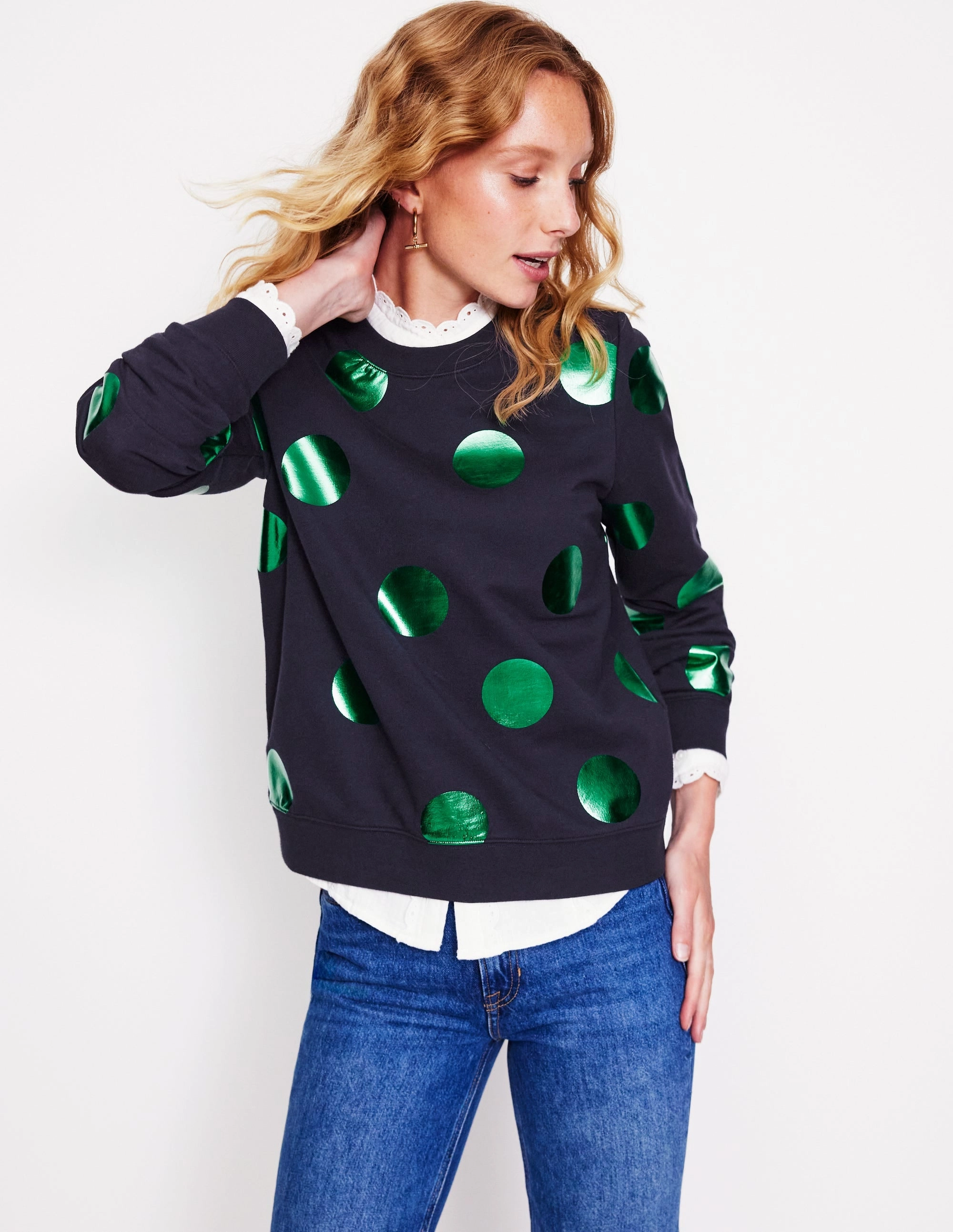 Hannah Printed Sweatshirt-Navy, Green Spot Elastic Edge Binding Circular Knit Technology