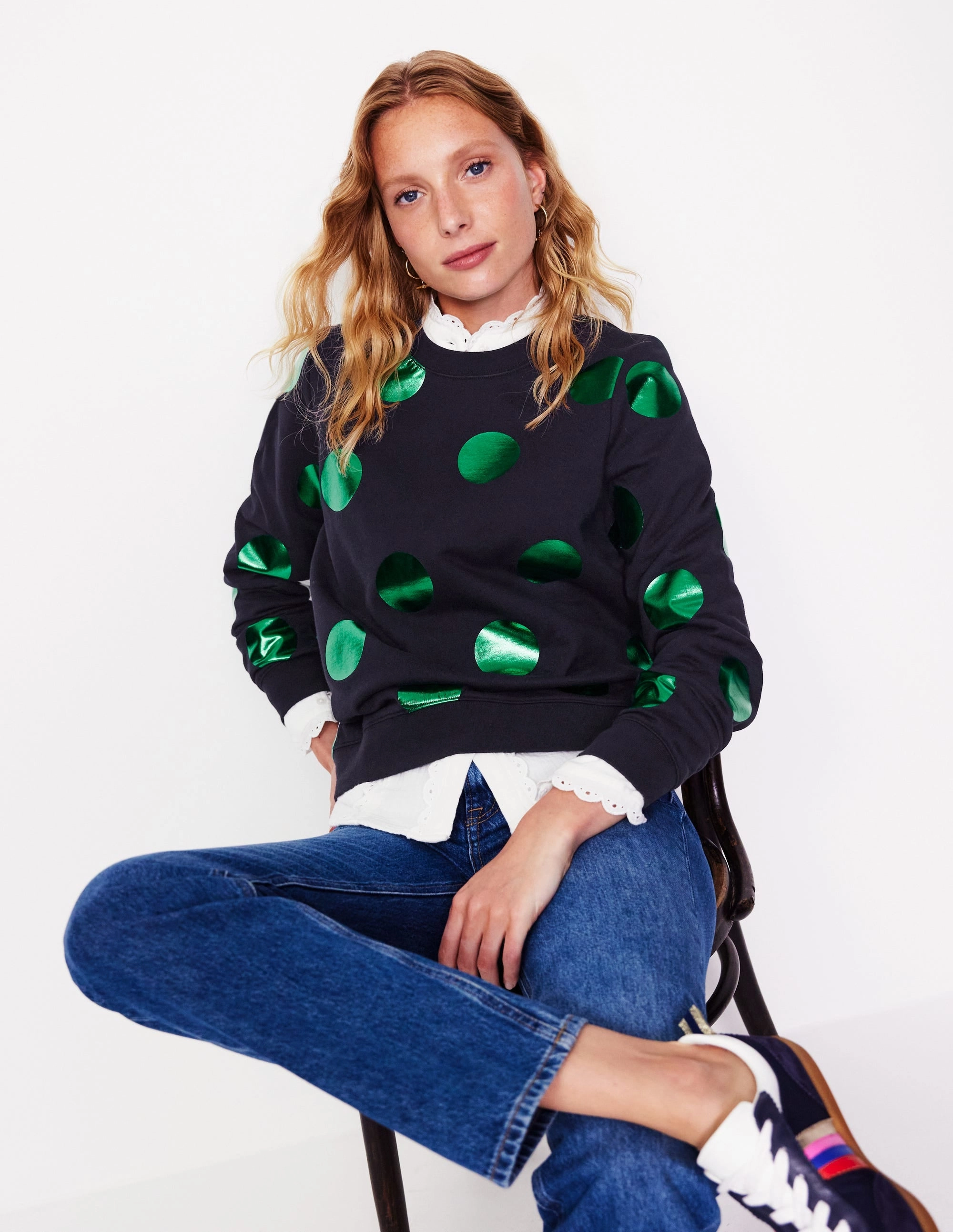 Hannah Printed Sweatshirt-Navy, Green Spot Hidden Zipper Pocket ComfortStretch
