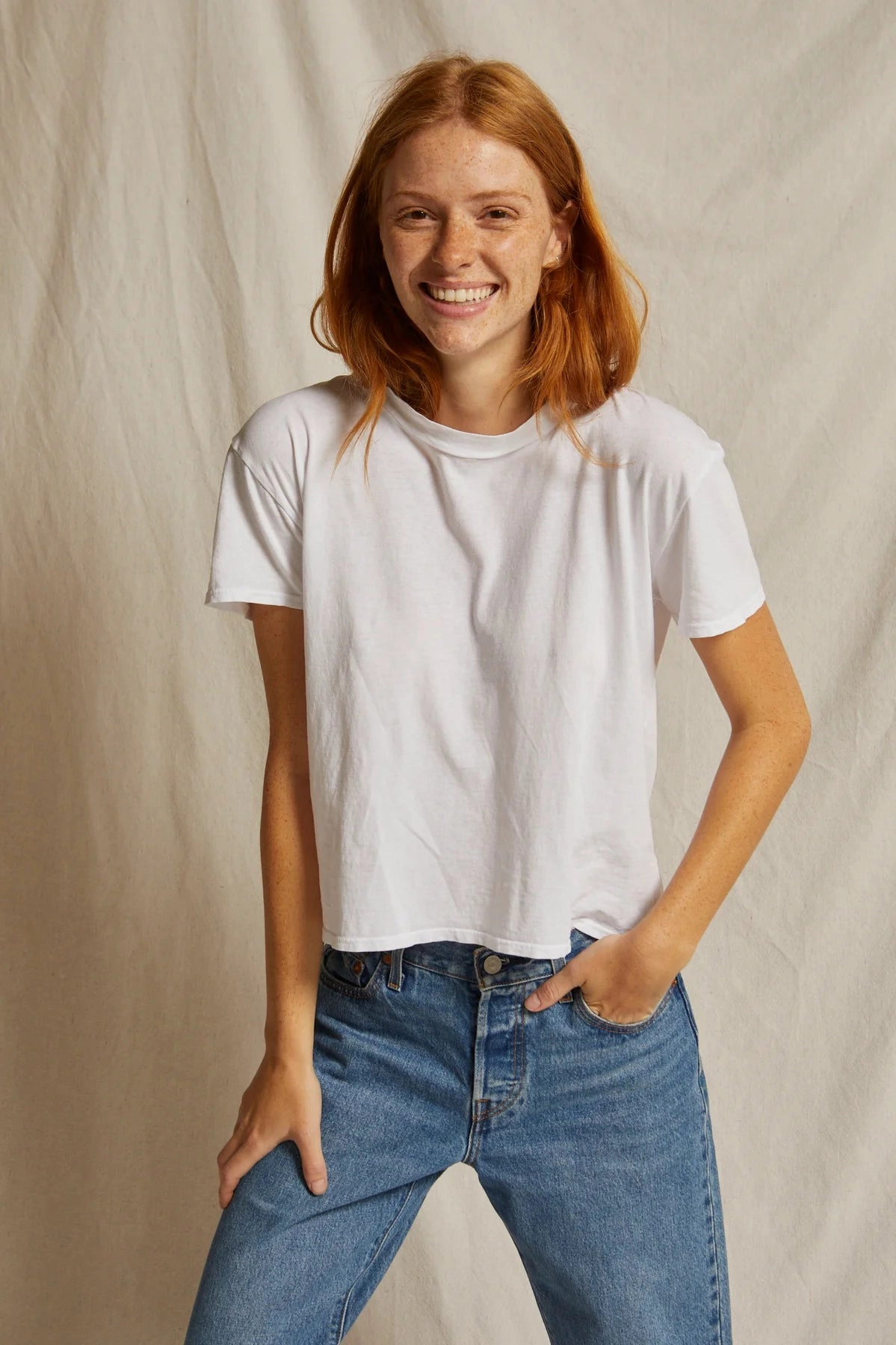 Harley Tee in White Non Closure Collar Double Chest Pocket