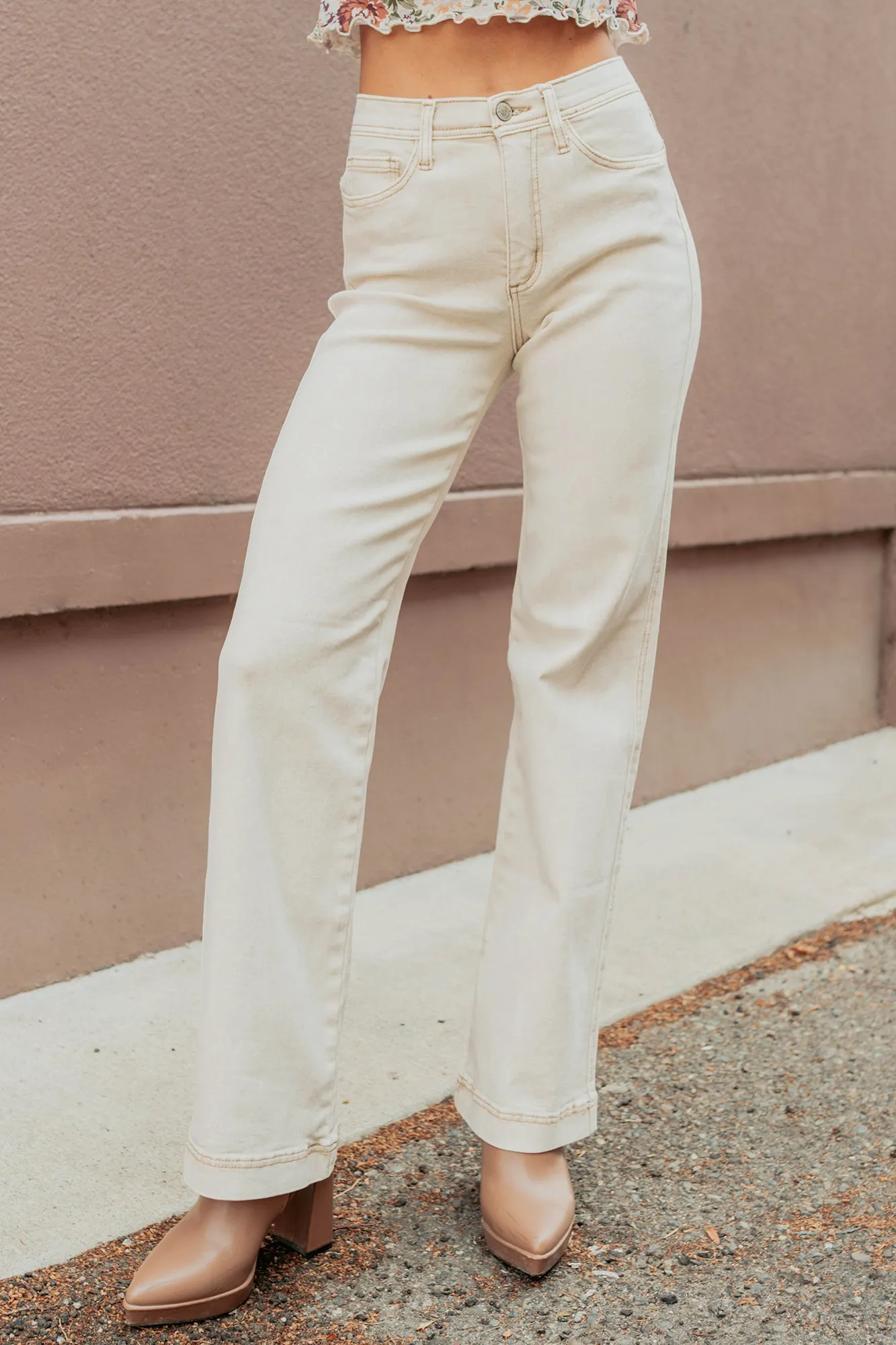 Adjustable Waist Active Ready Haven Tummy Control Saige Denim Straight Jeans (Light Beige)