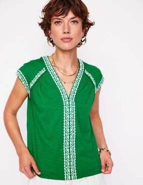 CrewNeck Cozy Layer Hazel Cotton Embroidered Top-Rich Emerald