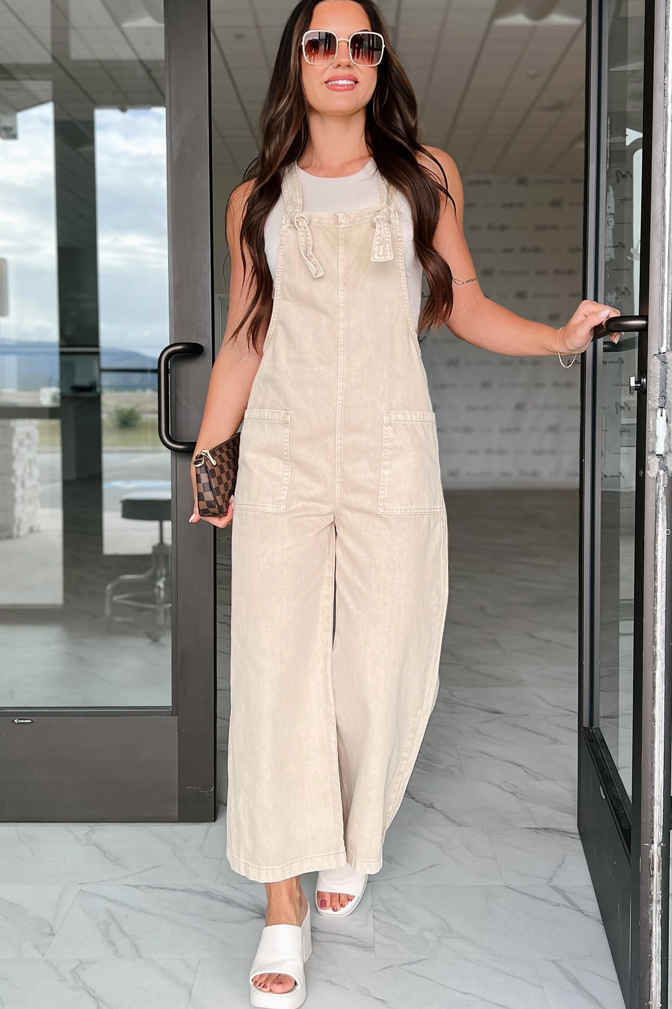 Hazen Knot Strap Zenana Overalls (Sand Beige) Double Layered Fabric