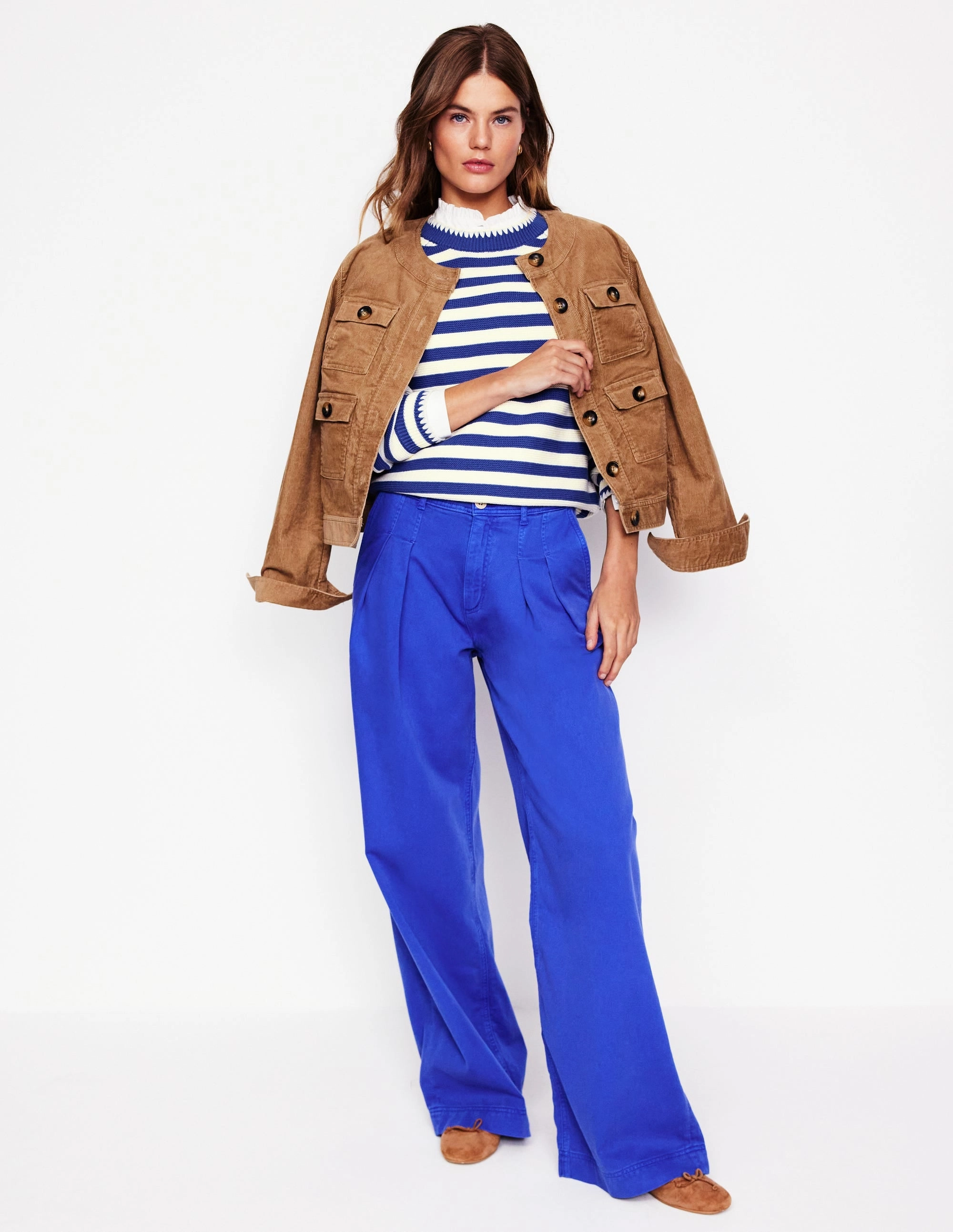 Lena Stitch Detail Jumper-Bright Blue and Ivory Stripe Four Way Stretch Subtle Detail