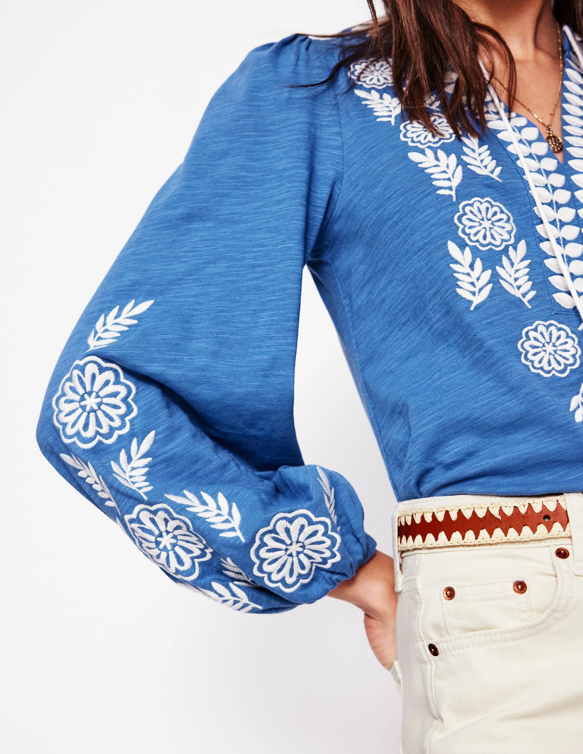 Nia Embroidered Top-Blue River 3D Spacer Fabric Durable Chainstitch