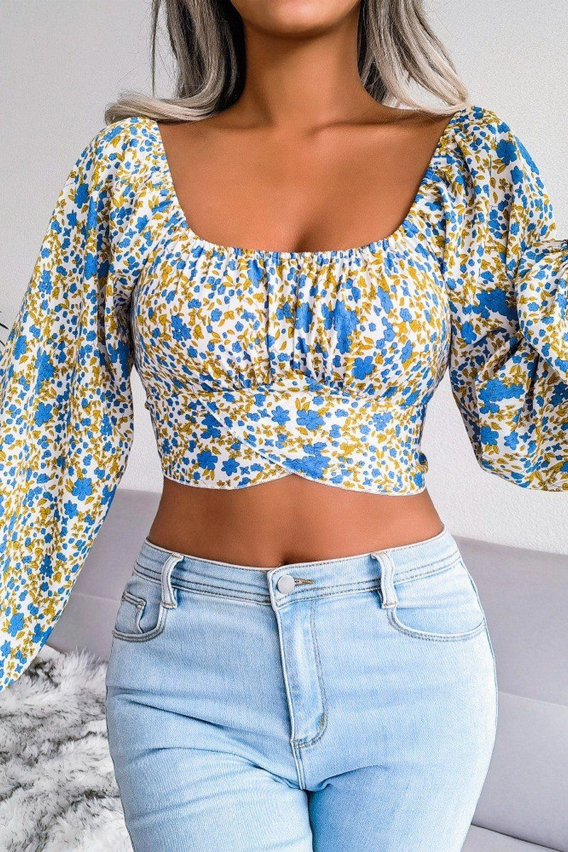 LANTERN SLEEVE BOW FLORAL CHIFFON CROP BLOUSE Double Needle Hemming