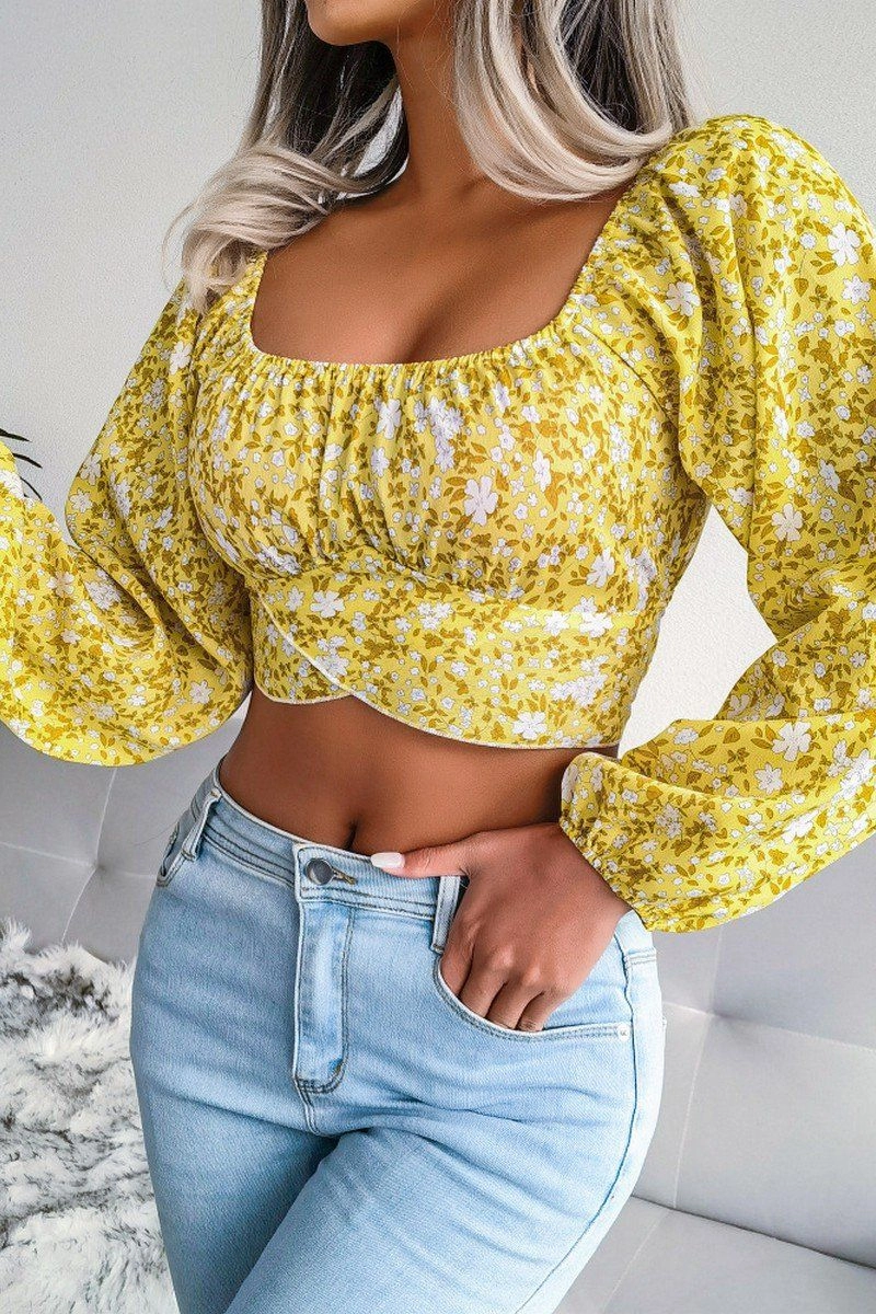 LANTERN SLEEVE BOW FLORAL CHIFFON CROP BLOUSE Quick Dry Material LightweightFabric