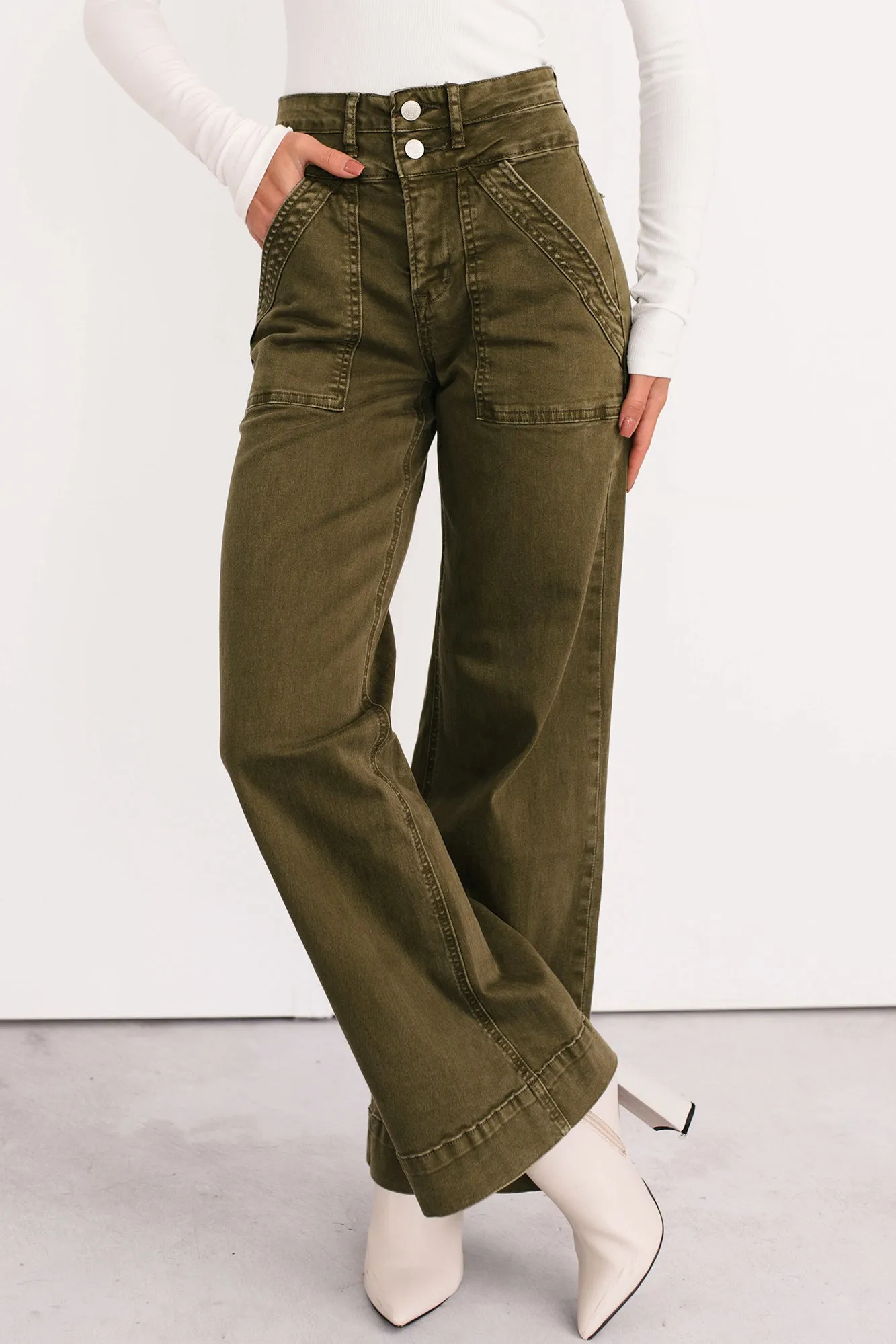 Smart Casual Neutral Henley Wide Leg Mica Denim Jeans (Fern Green)