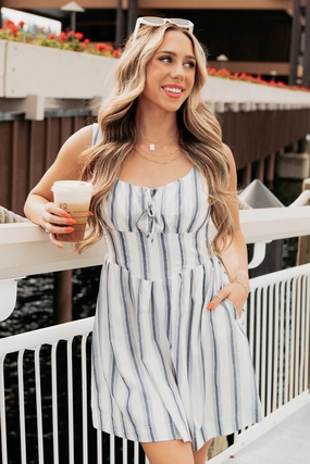 Relaxed Comfort Gentle Glow Here With Me Striped Mini Dress (Off White/Navy)