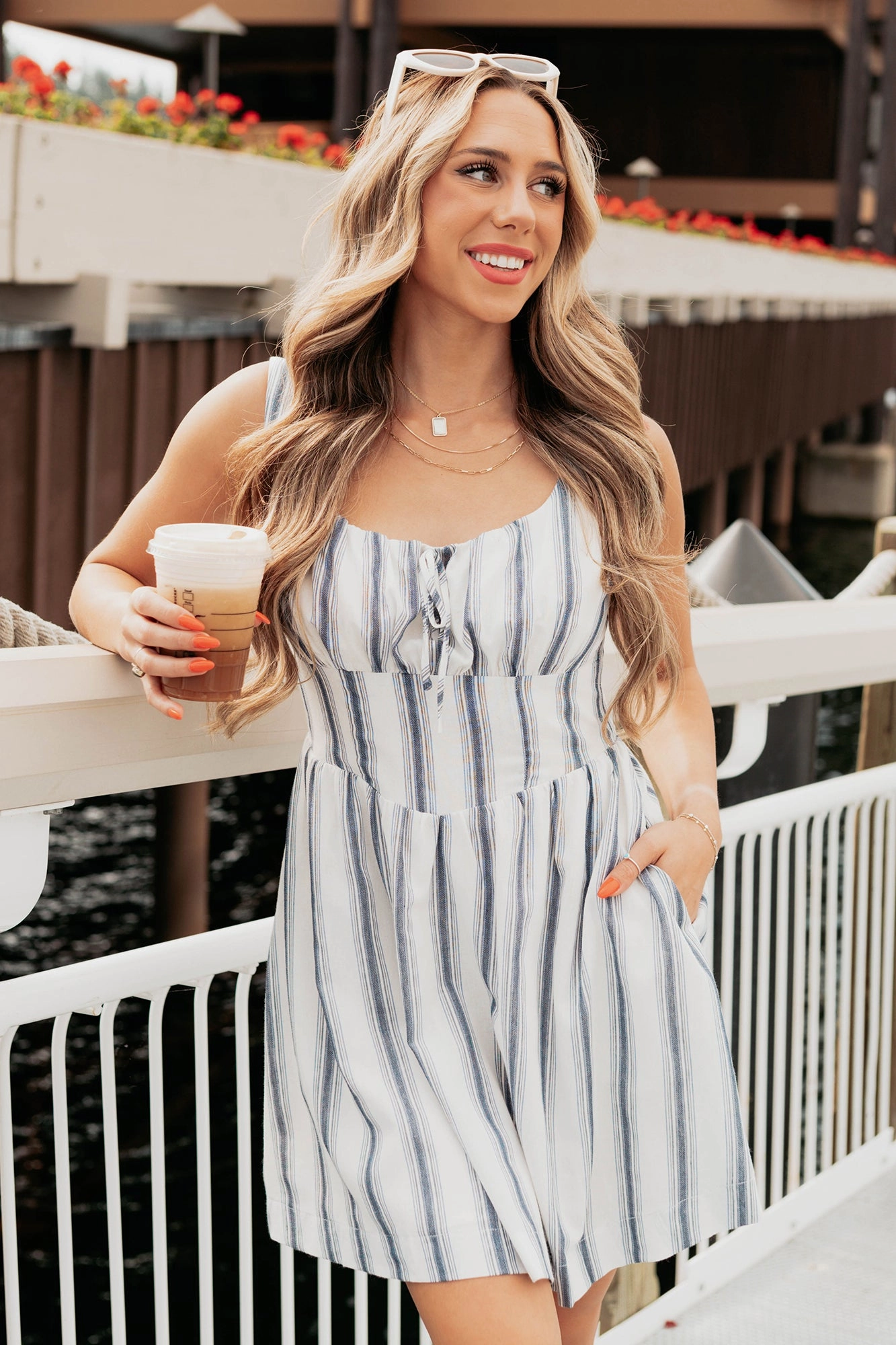 Relaxed Comfort Gentle Glow Here With Me Striped Mini Dress (Off White/Navy)