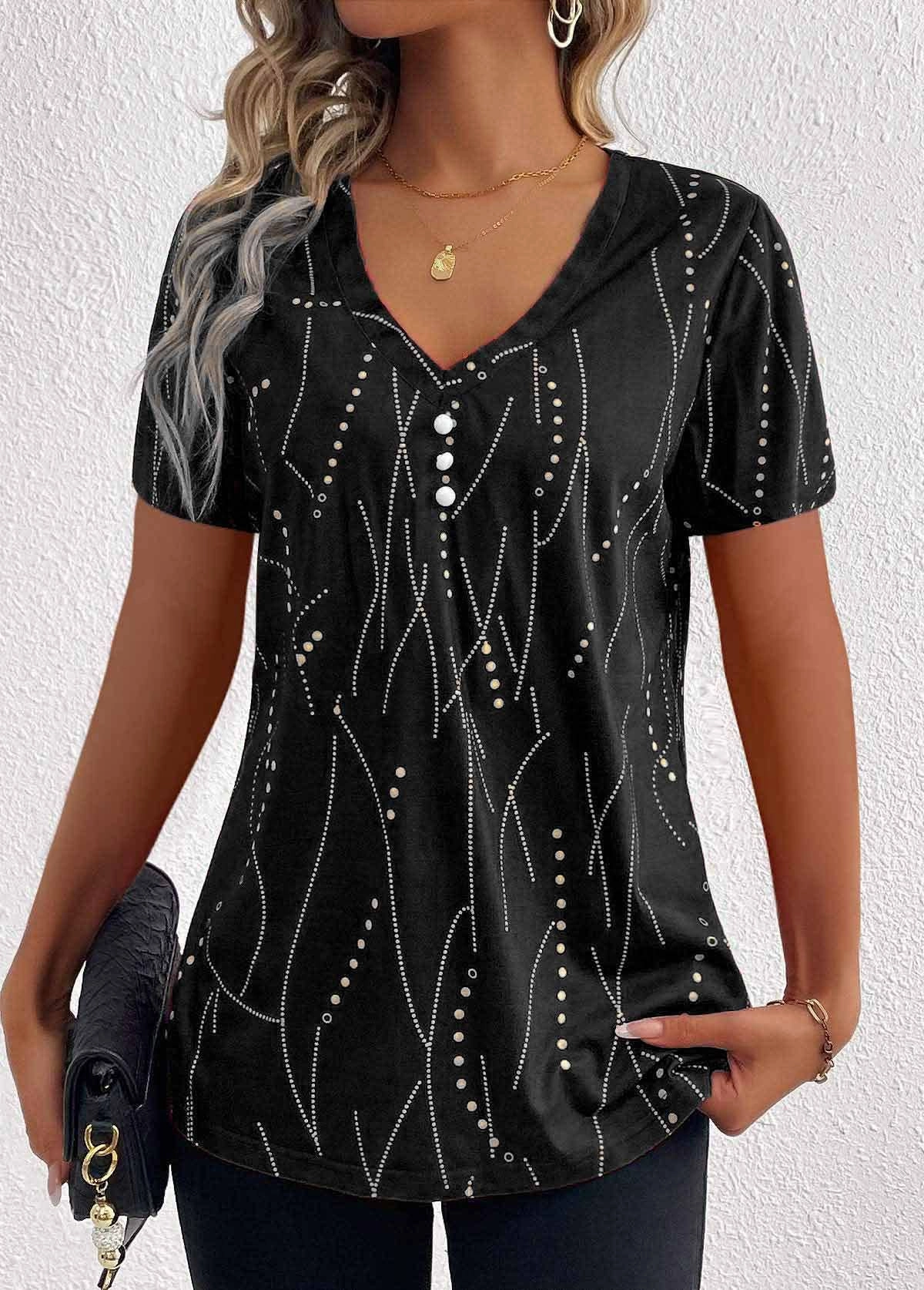 Double Chest Pocket Thermal Insulation Core BUTTON DOT V-NECK SHORT-SLEEVED BLOUSE_CWTBLS0939
