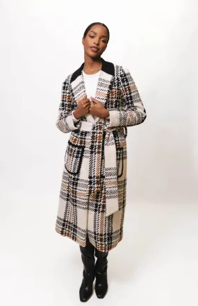 Kels Rib Trim Patch Pocket Midi Wrap Coat in Blk/Wht Plaid NonToxicCoating