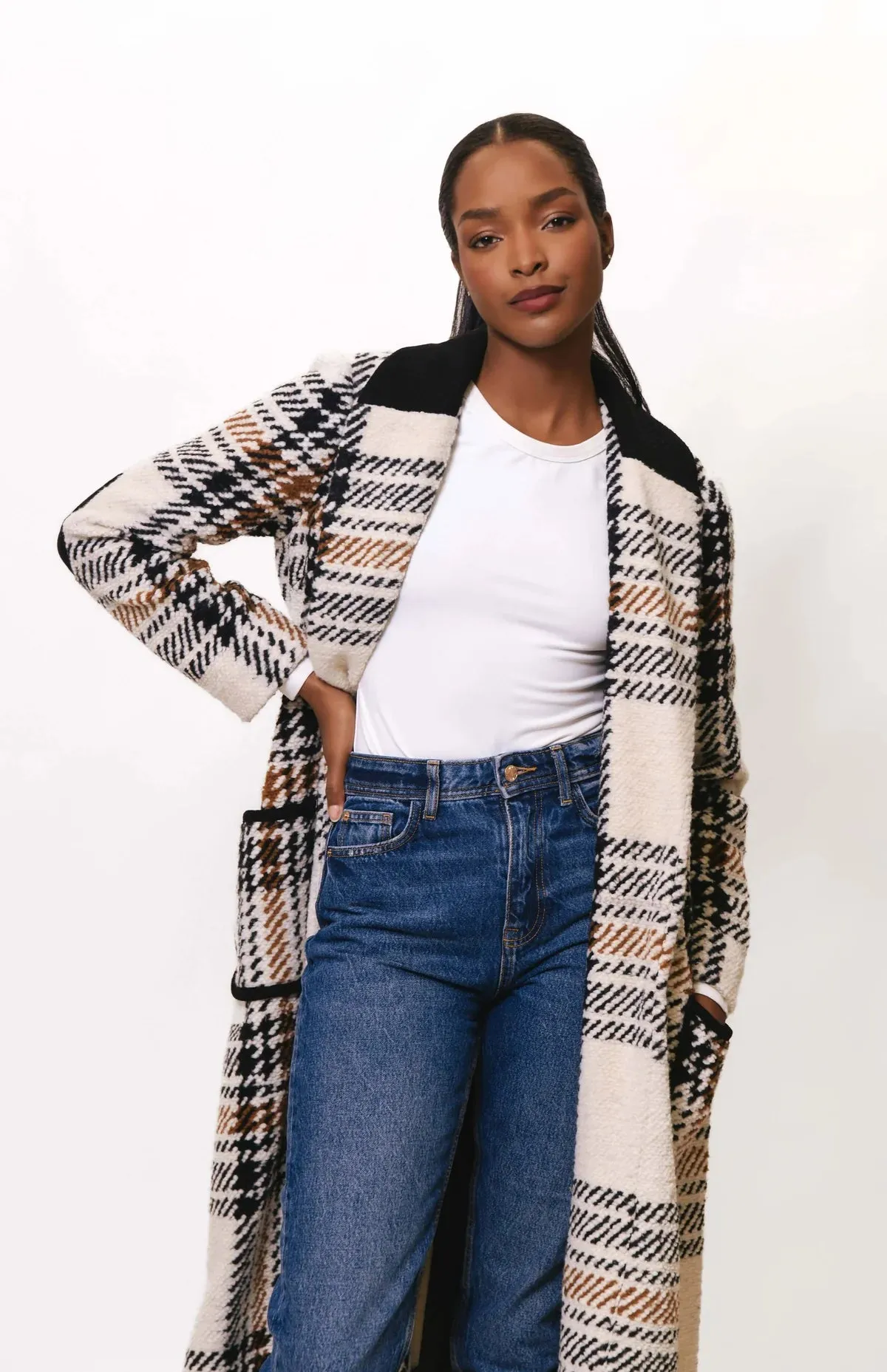 High Neckline Structure FourWay Stretch Kels Rib Trim Patch Pocket Midi Wrap Coat in Blk/Wht Plaid