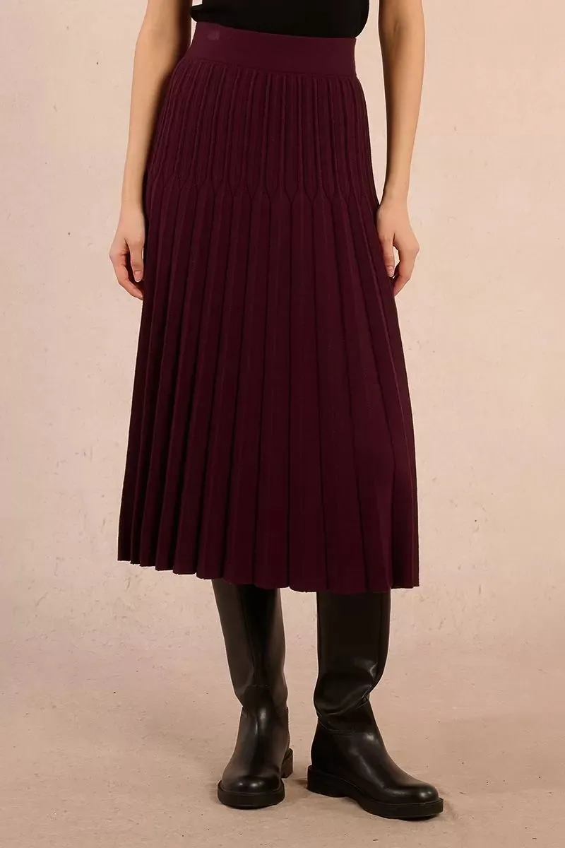 Outfit Details High Waisted Pleated Midi Skirt in Dark Red