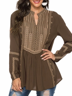 Interlock Stitch Detail COTTON LONG SLEEVE EMBROIDERED BLOUSE_CWTBLL0817