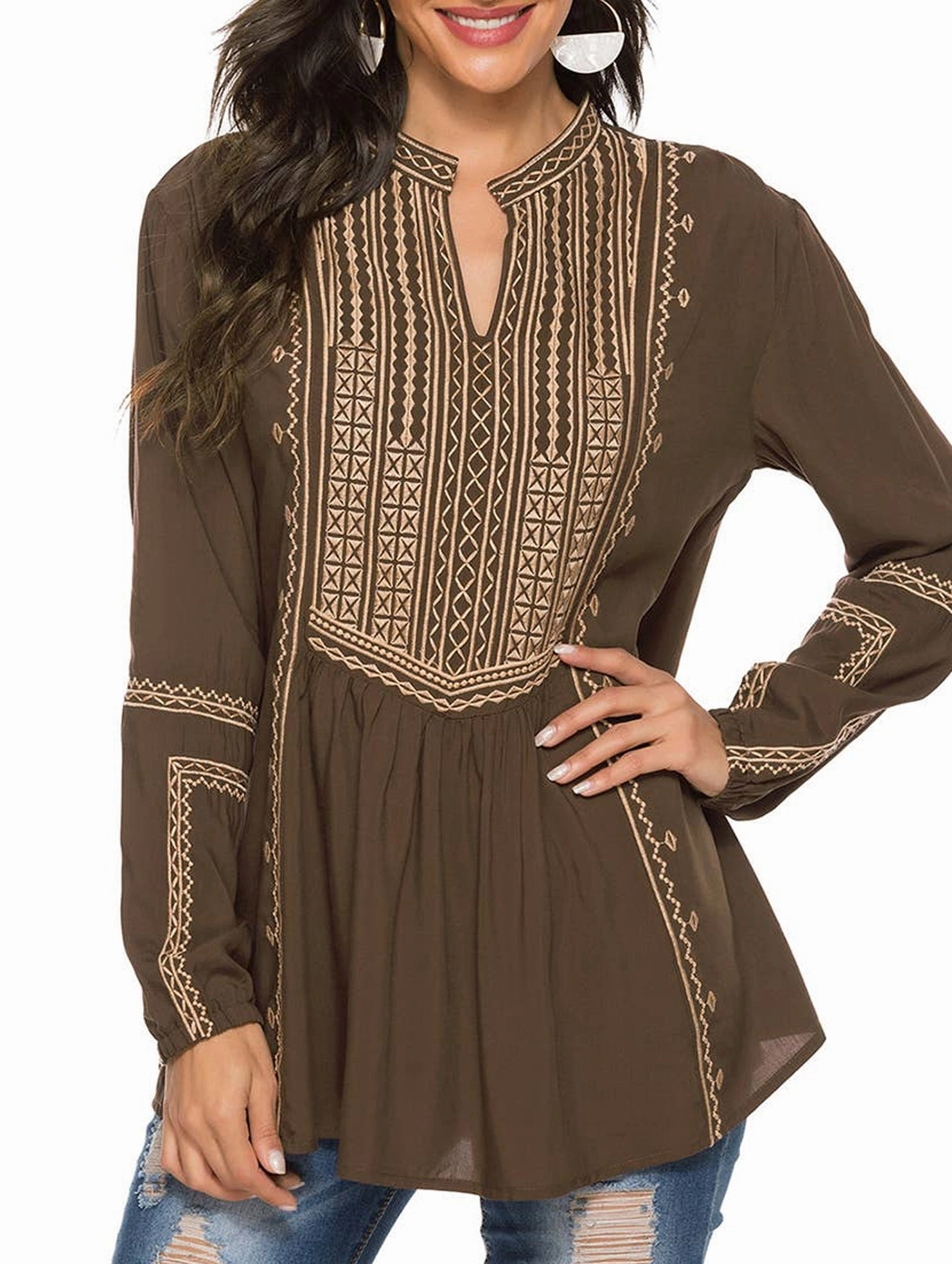 Interlock Stitch Detail COTTON LONG SLEEVE EMBROIDERED BLOUSE_CWTBLL0817