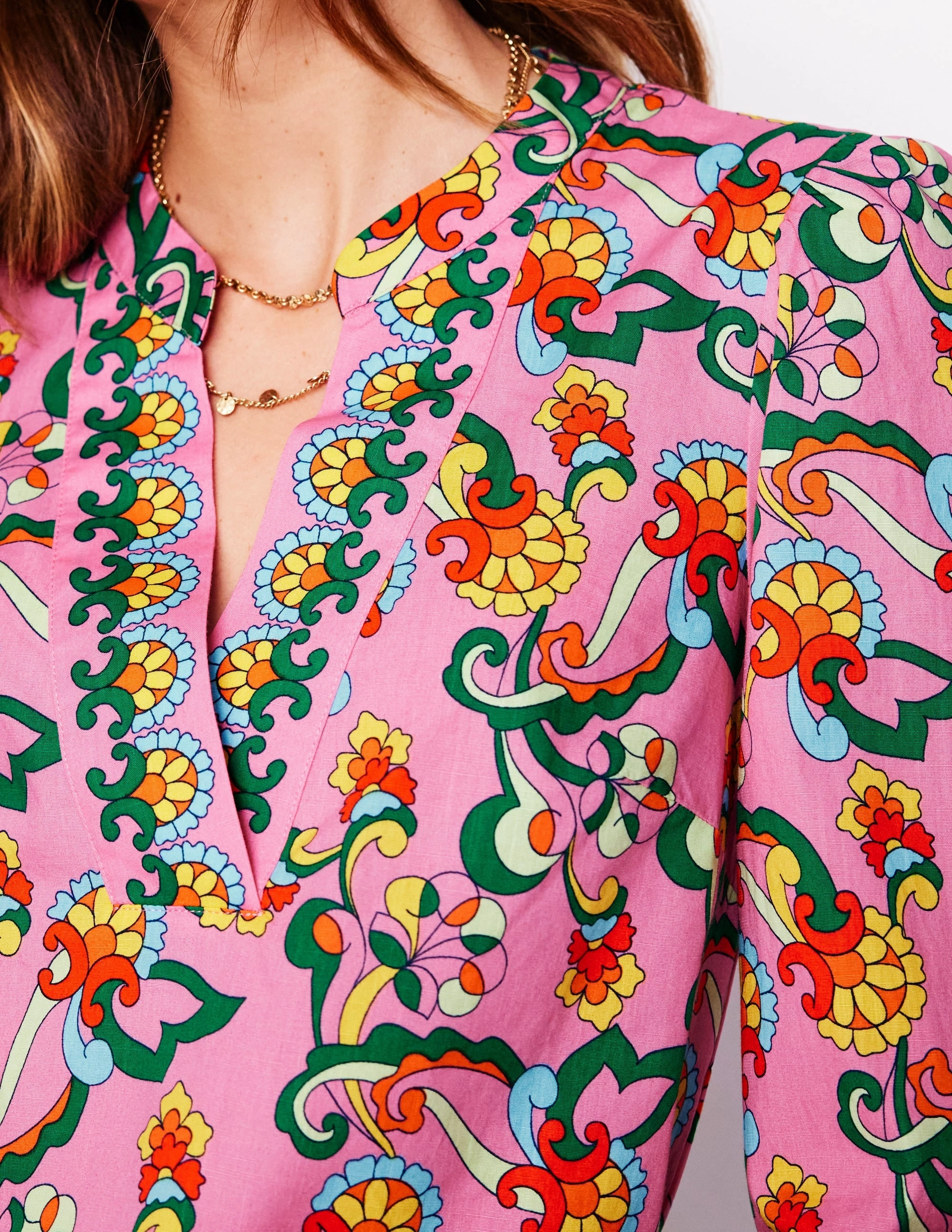 Versatile Base Layer Soft Sweater Cotton Notch Neck Top-Pink Rose, Foliage Trail