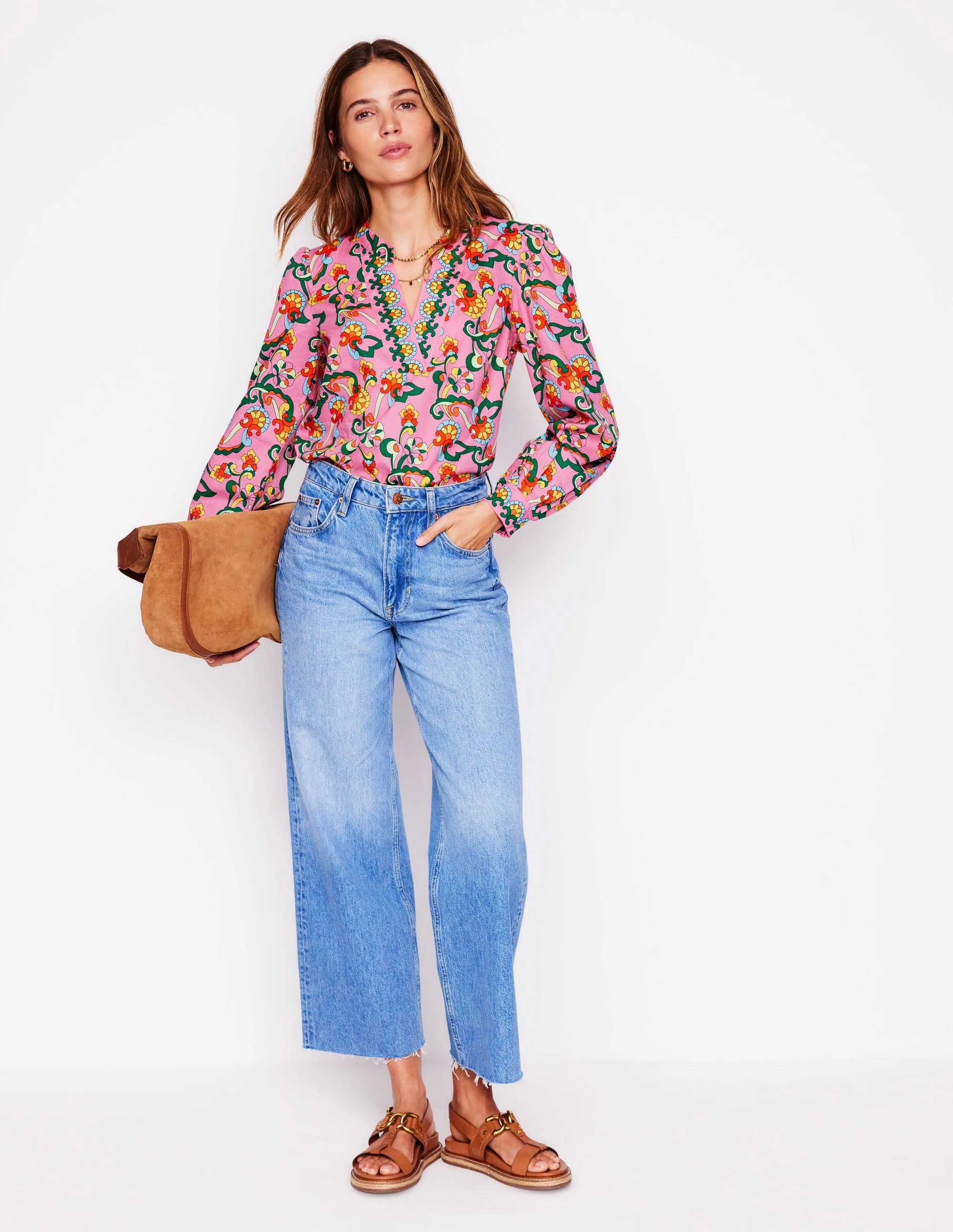 Cotton Notch Neck Top-Pink Rose, Foliage Trail Breathable Underarm Gussets AbrasionResistant Edging