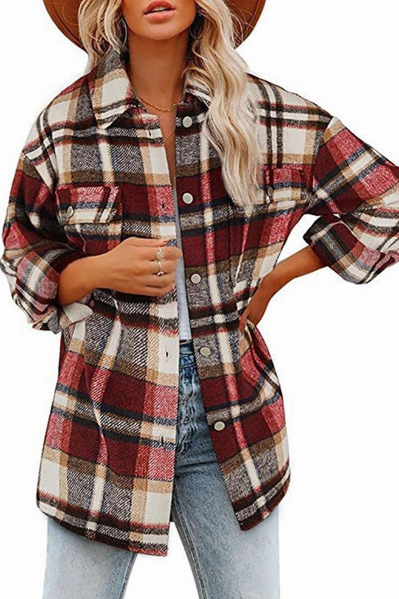 Quick-Dry Fabric Stretch Knit Fabric WOMEN OVERSIZED PLAID PATTERN LONG SHACKET
