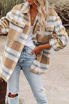 Double Faced Jersey Knit WOMEN OVERSIZED PLAID PATTERN LONG SHACKET