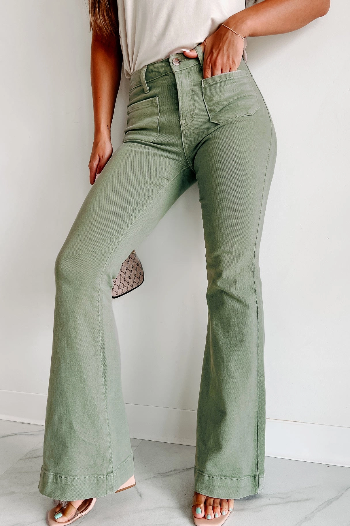 Four Way Stretch Colton Non-Distressed High Rise Risen Flare Jeans (Olive)