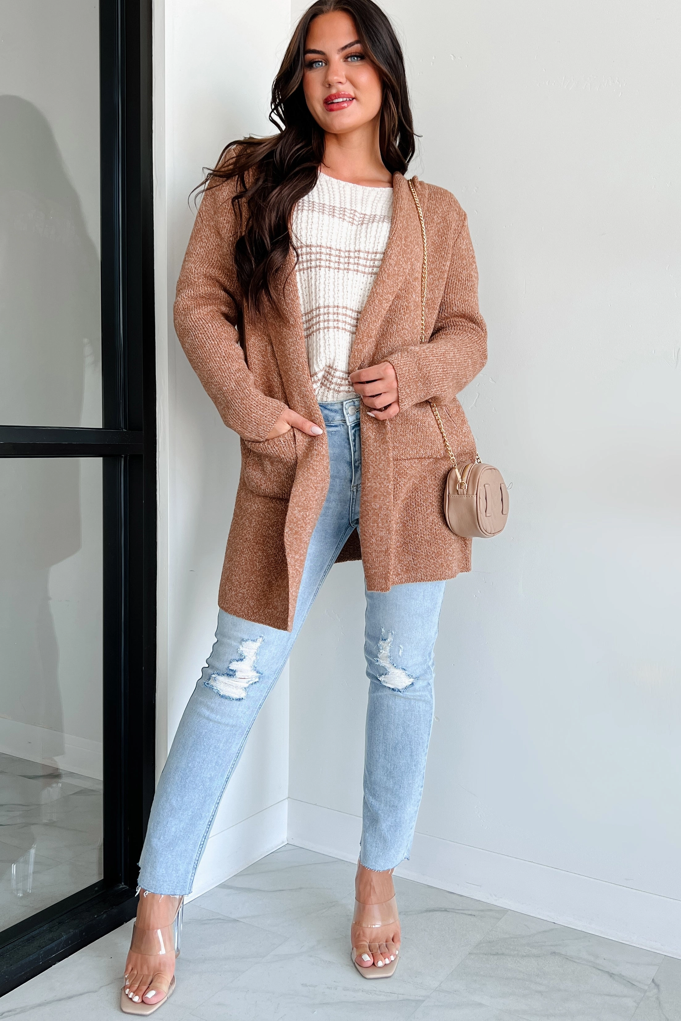 Cue The Cuddles Zenana Hooded Cardigan (Deep Camel) ComfortStretch V-neck Blouse