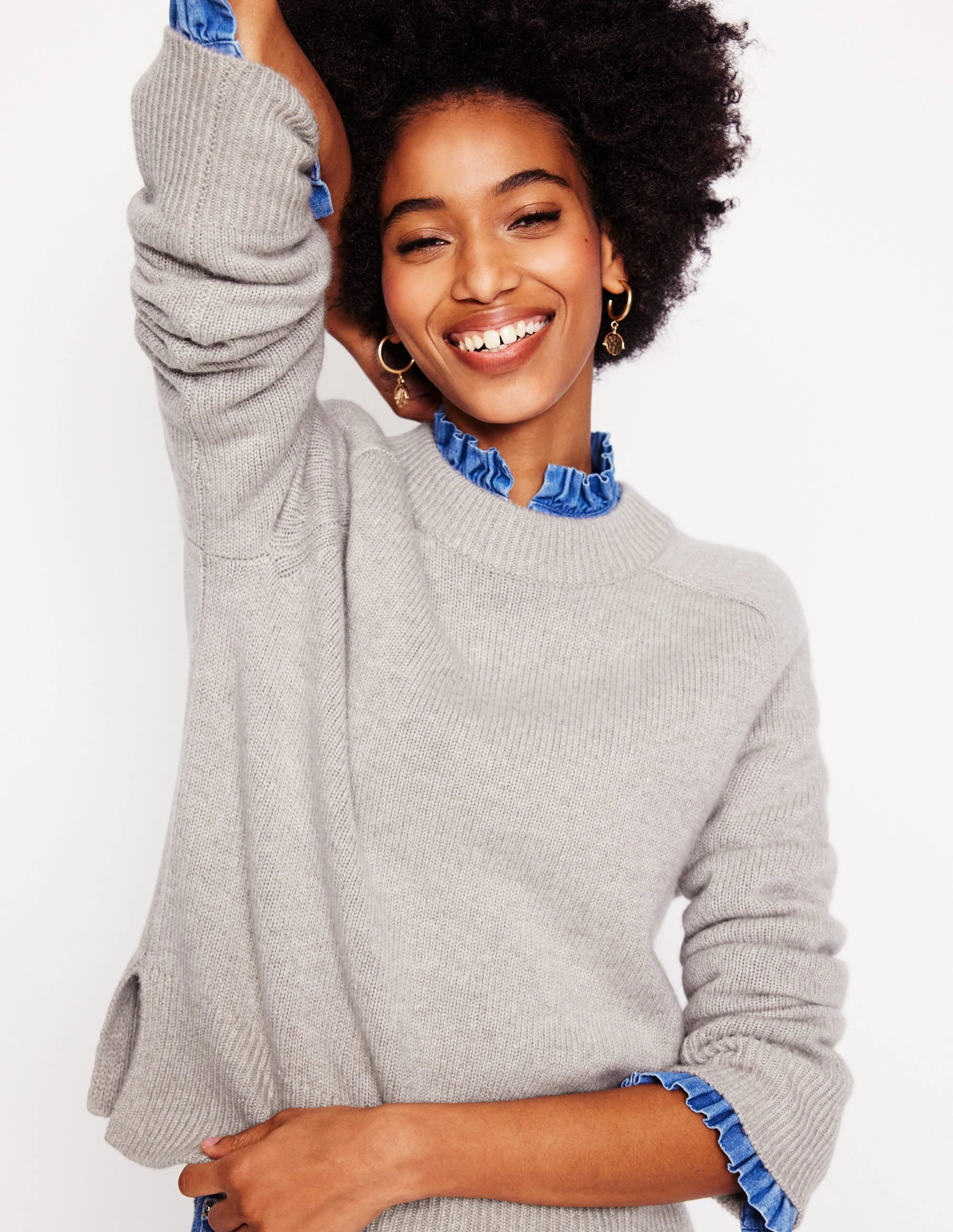 Wide Sleeve Cashmere Jumper-Mink Melange Flexible Edging