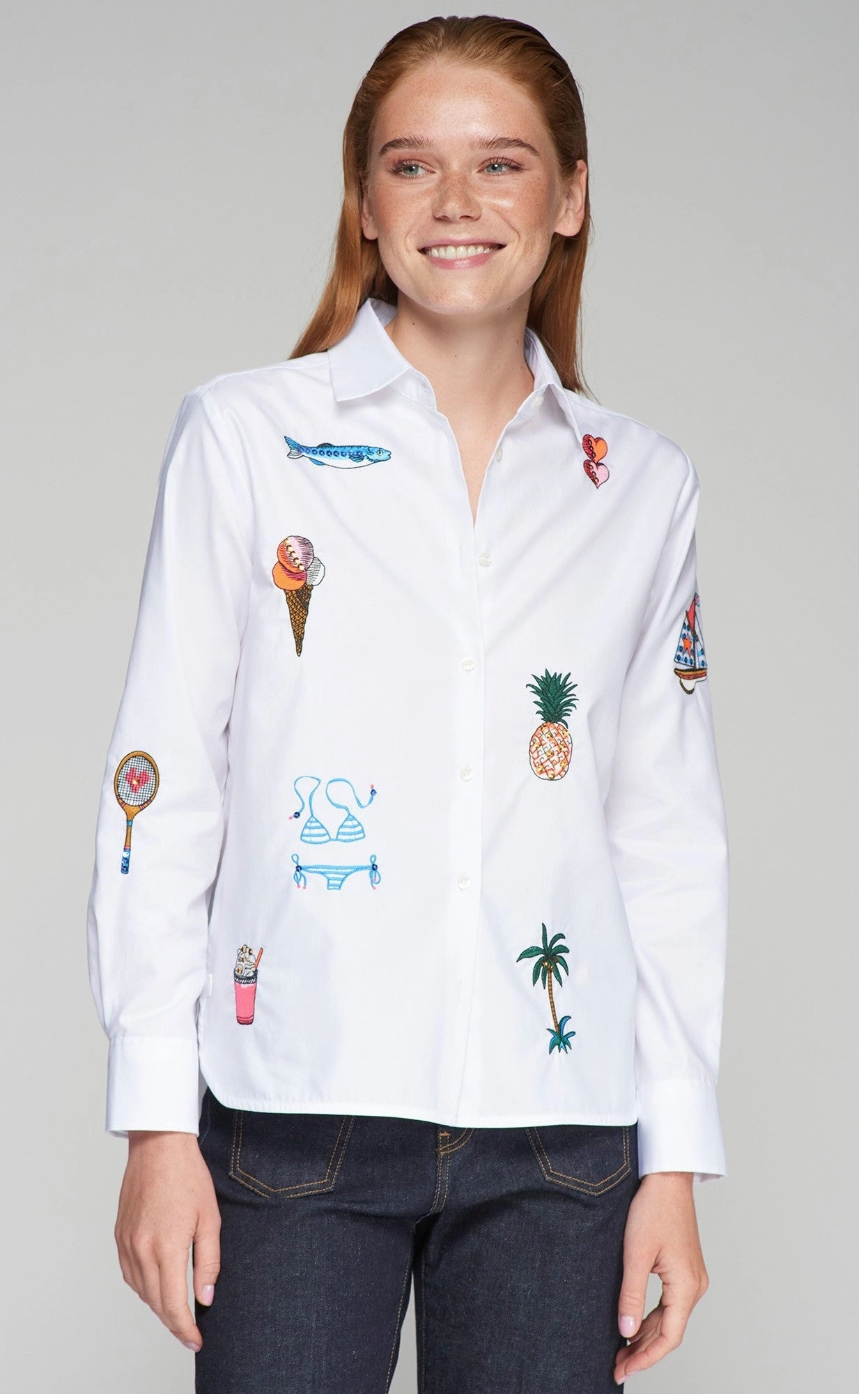 CroppedLength Isa Shirt in Embroidered Blanco