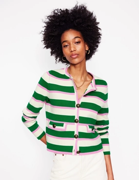 All Day Comfort Cool Layer Holly Knitted Jacket-Rich Emerald, Pink Stripe