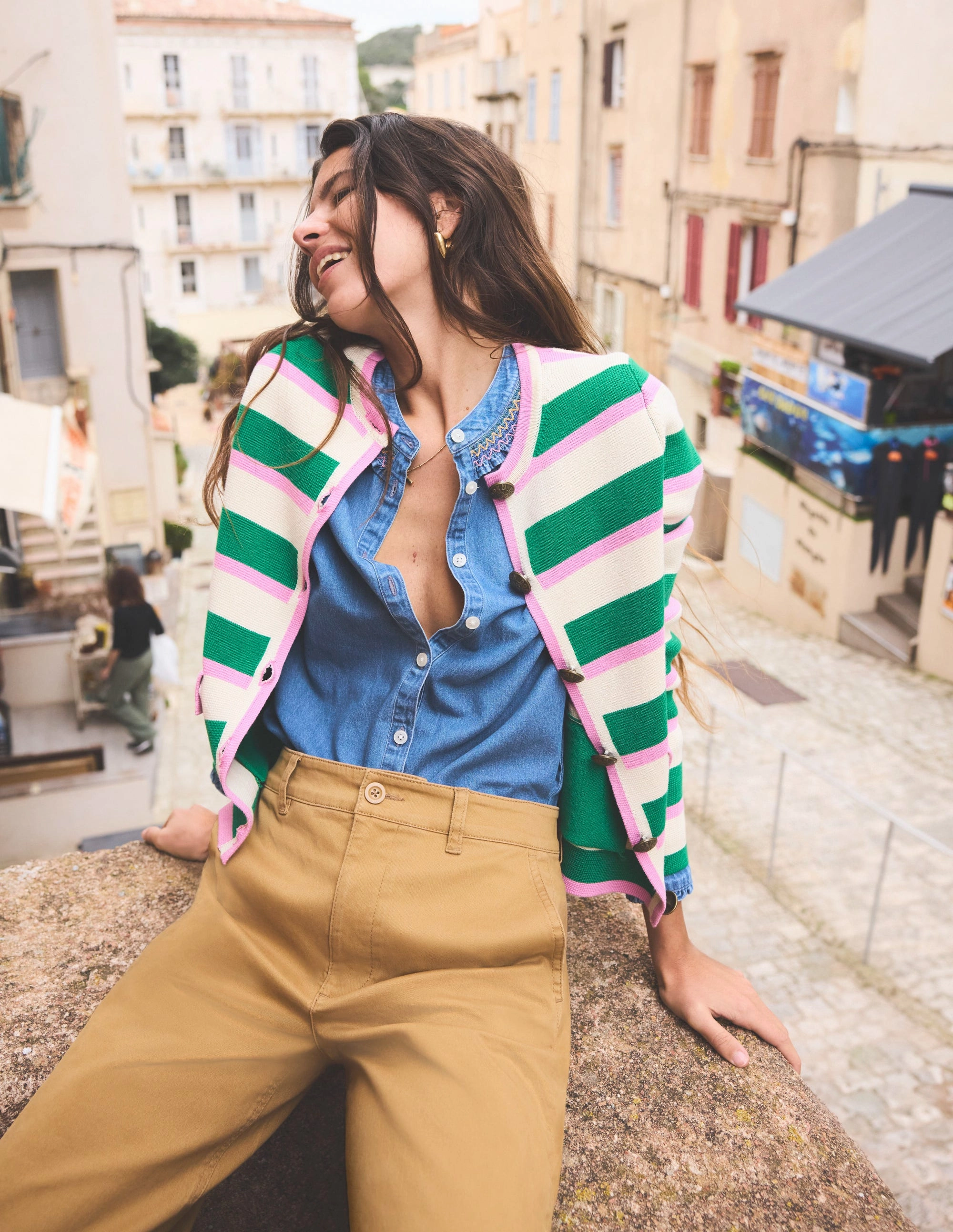 Holly Knitted Jacket-Rich Emerald, Pink Stripe Sustainable Fibers