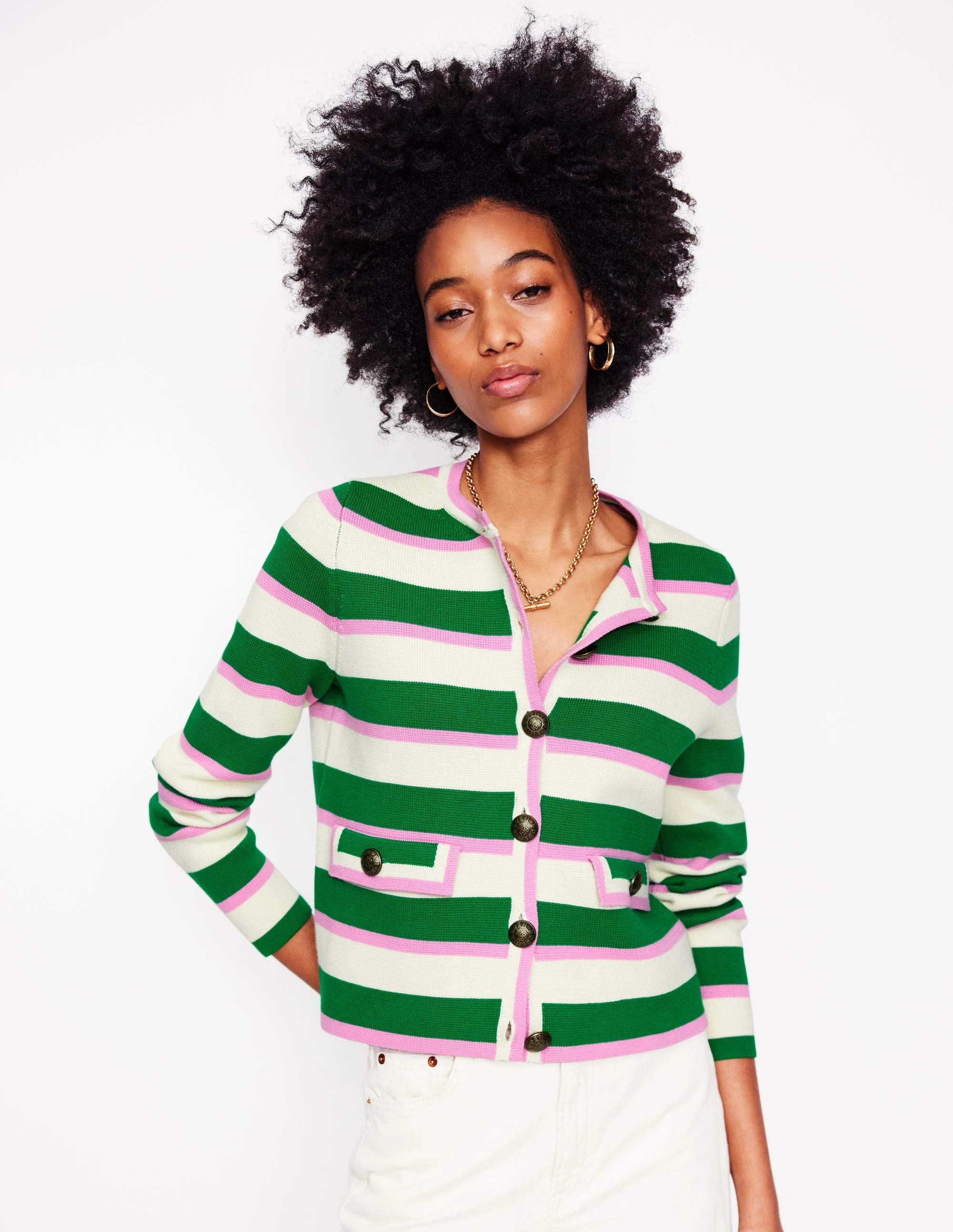 All Day Comfort Cool Layer Holly Knitted Jacket-Rich Emerald, Pink Stripe
