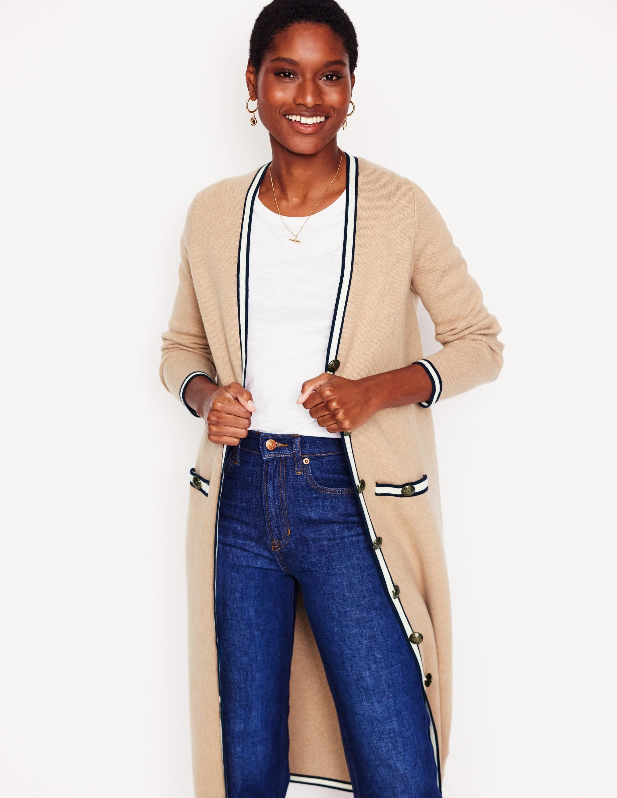 MoistureWicking Yarn Classic Pick Holly Longline Jacket-Camel Melange
