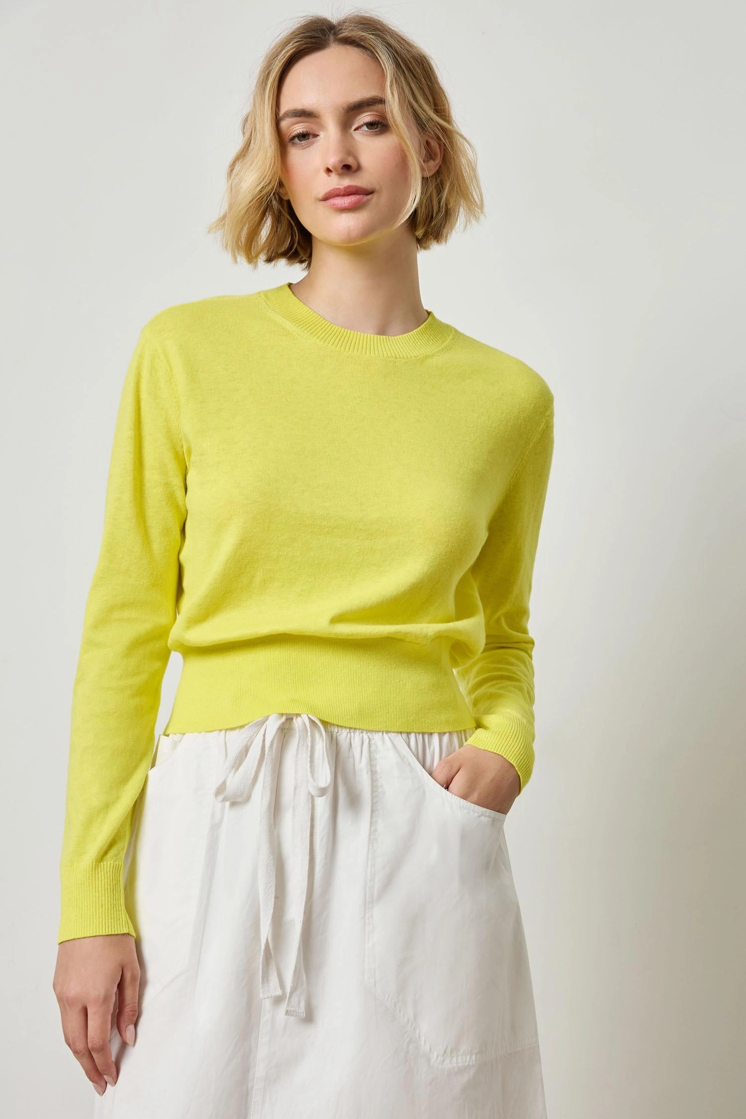 Everyday Crewneck Sweater in Lemon Layered Sleeve RibbedNeckline