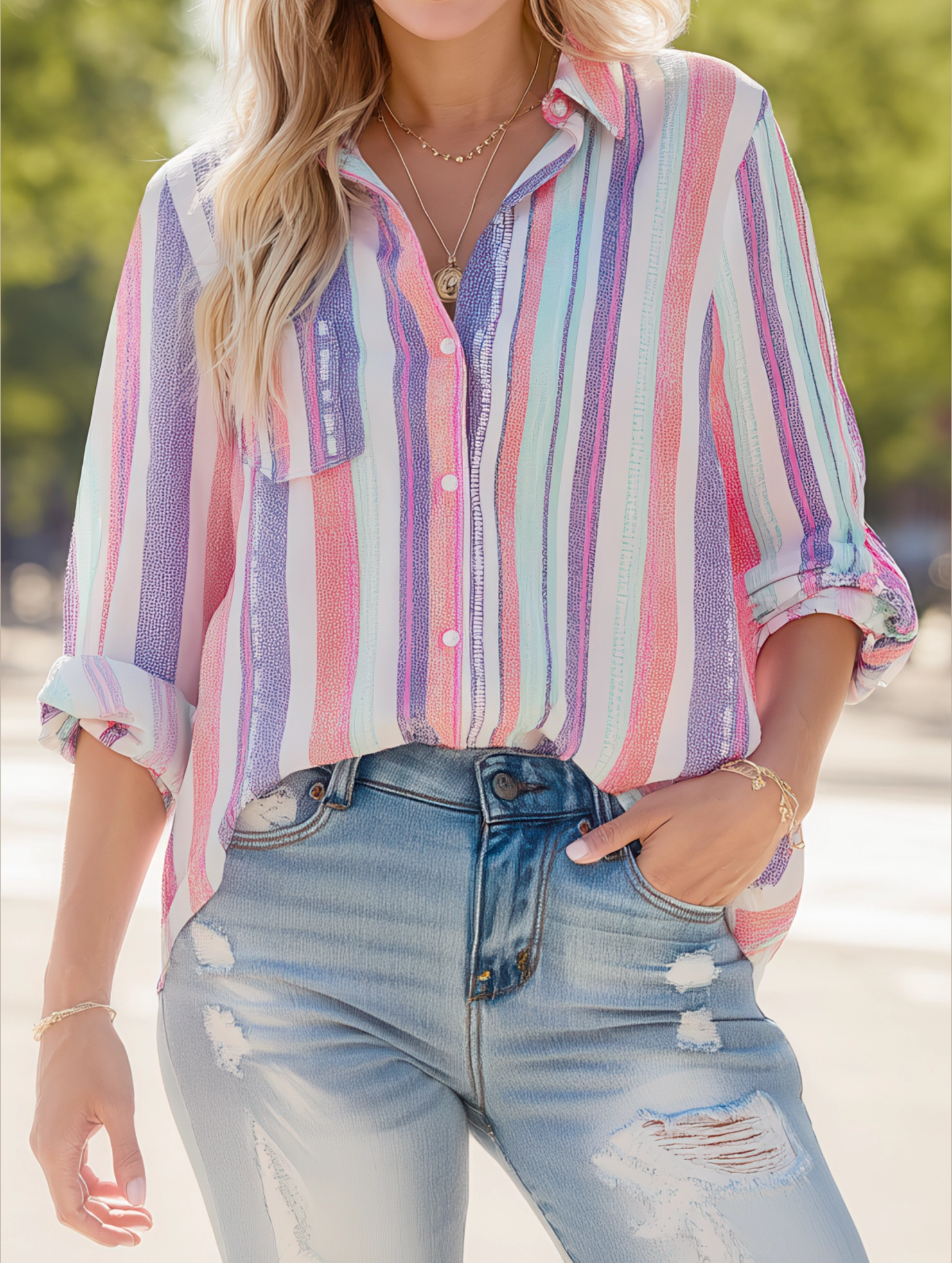 Bold Contrast Stripe Long Sleeve Shirt ??Trendy Women's Button-Up Blouse LightweightTexture Reinforced Hem