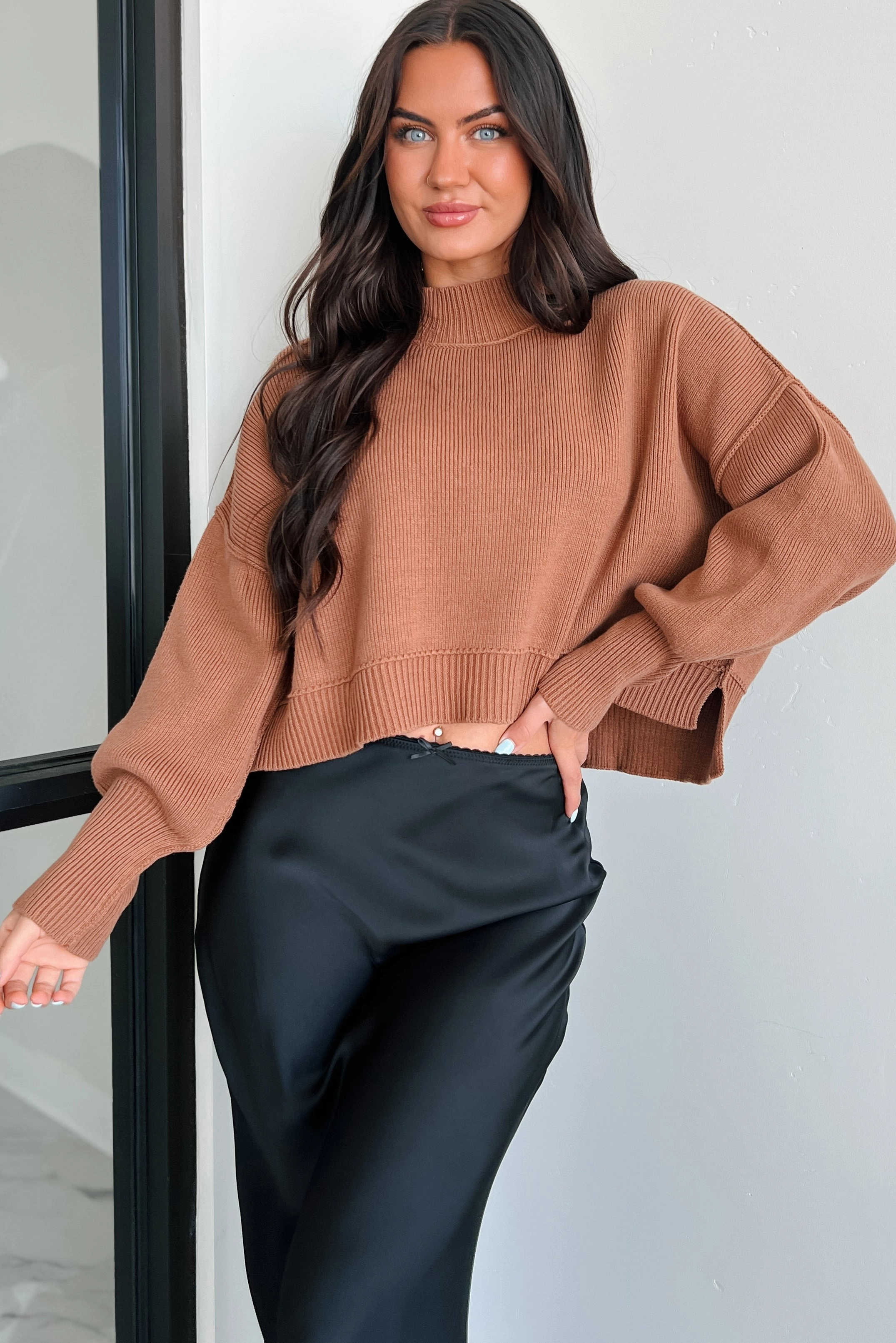 Cheerful Charm Oversized Zenana Crop Sweater (Deep Camel) Casual dress